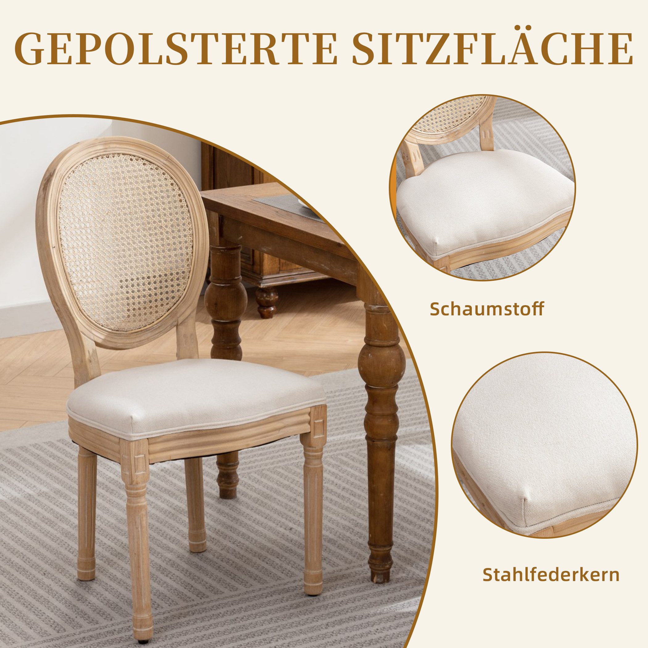 SeedWave Esszimmerstuhl 2er Set Küchenstuhl aus Massivholz-Gestell, mit Rattan-Rückenlehne, Polsterstuhl inkl. Leinenbezug Sitzfläche – Bild 5 von 5