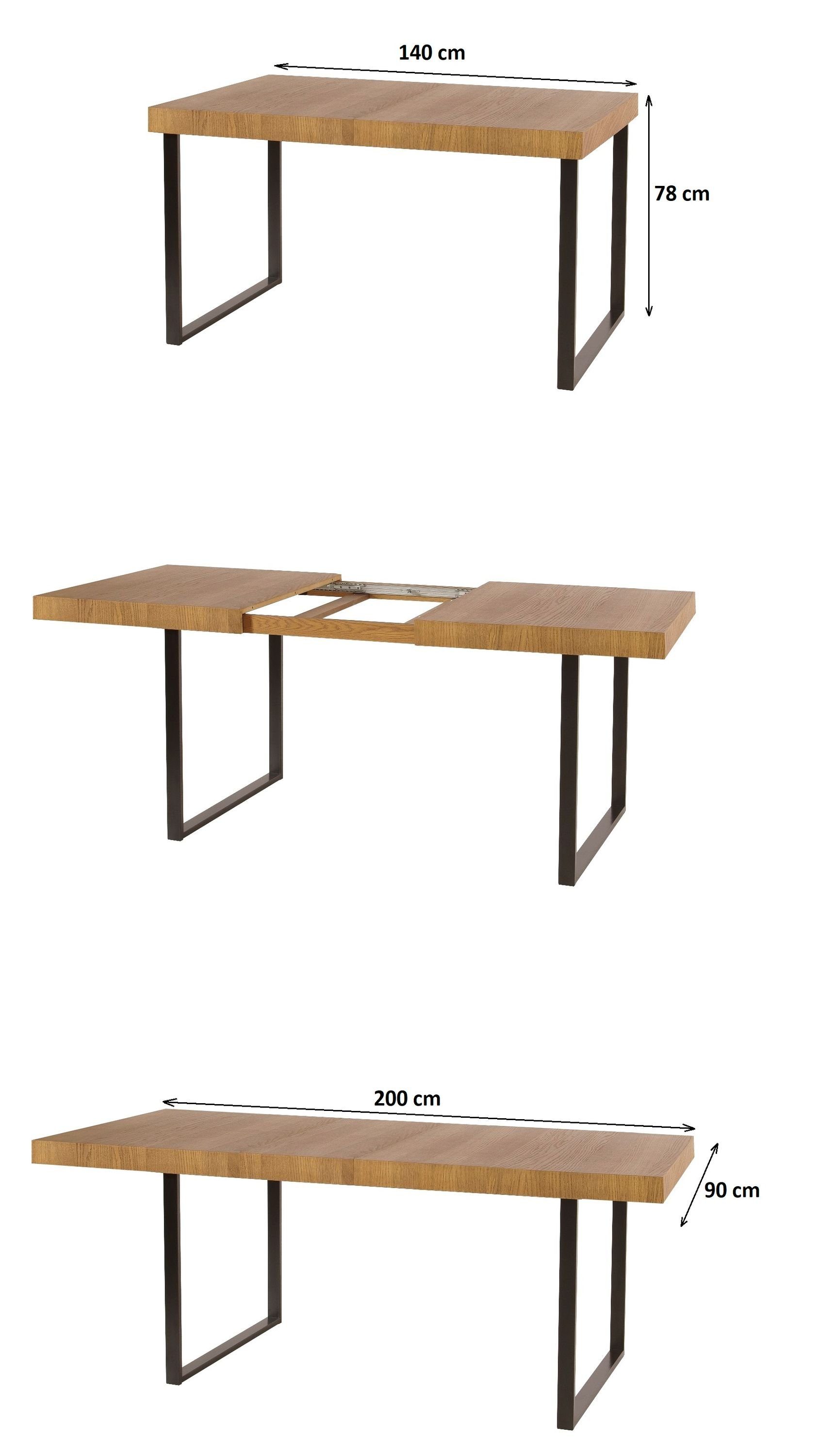 140-200 Tisch matt Eiche Schwarz designimpex Esstisch ausziehbar DSP-2 - gebürstet rustikal