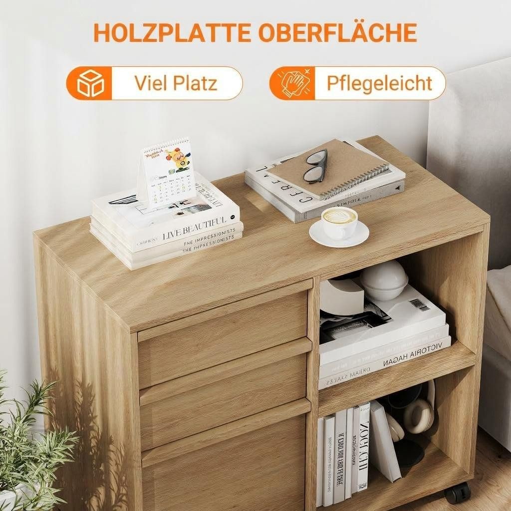 GarveeMore Aktenschrank Container Stauraumschrank mit 3 Schubladen und offenen Ablagefächern (1-St) hoch 67cm, mit Rolle Computerschrank Beistellschrank Mehrzwe – Bild 5 von 5