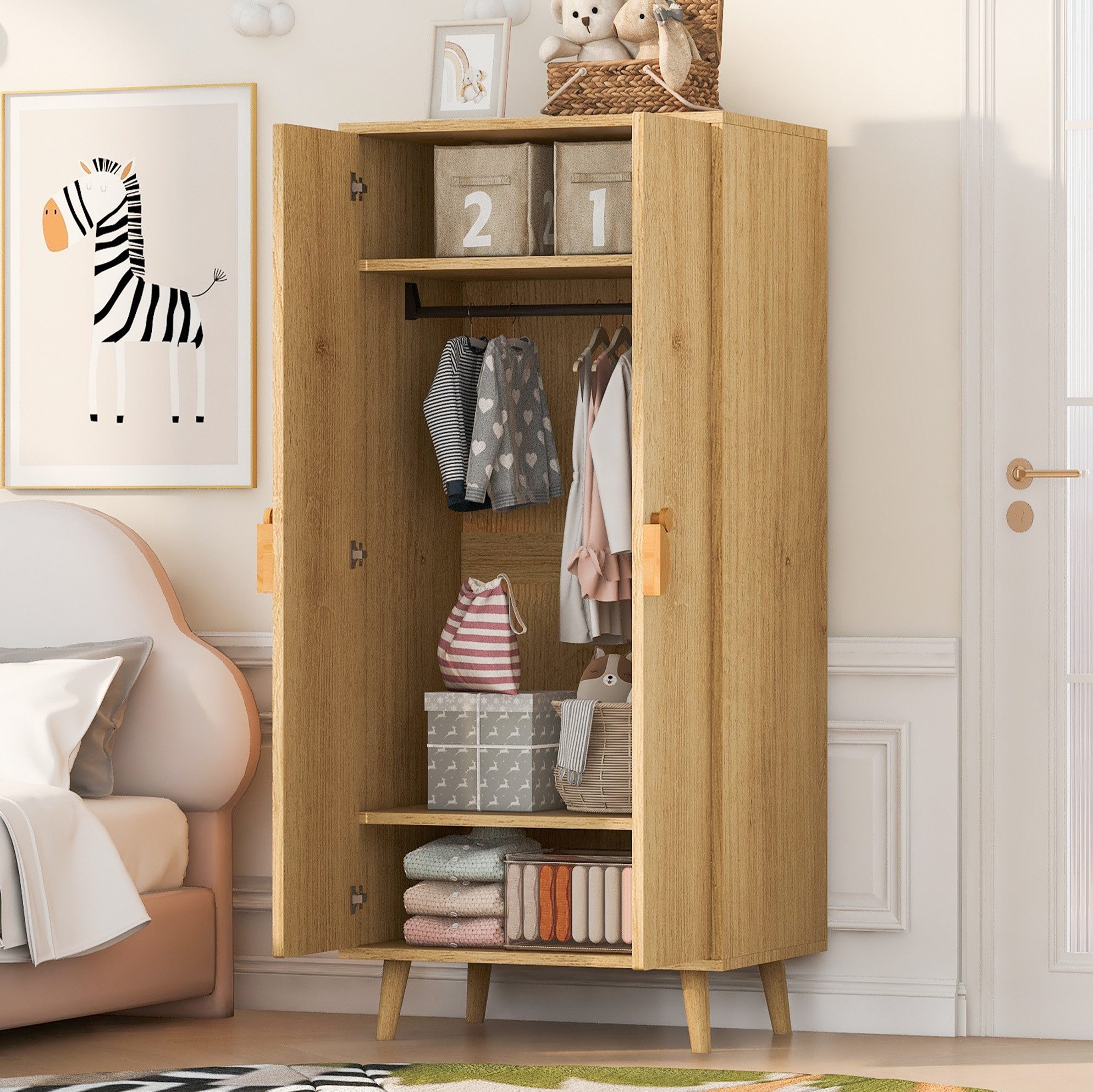 OKWISH Kleiderschrank Garderobenschrank (Schrank mit 2 Türen, großzügigen Staufächern, Cartoon-Griffen und erhöhten Füßen, Schlafzimmerschrank für Schlafzimmer, 70 × 55 × 170 cm)