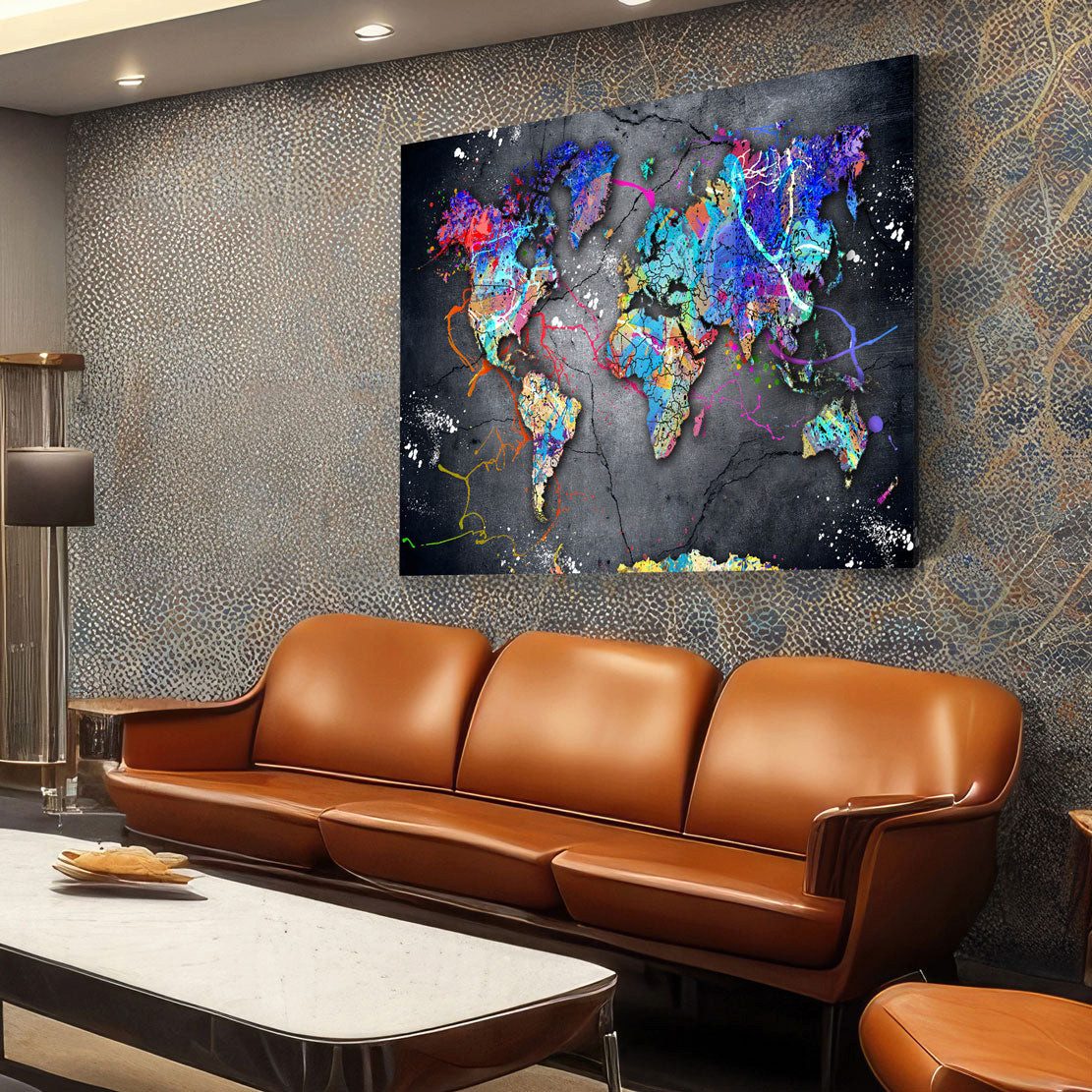 Artedinoi Leinwandbild Weltkarte Pop Art Street Art bunt Leinwandbild Wandbild XXL Deko, Weltkarte, urban