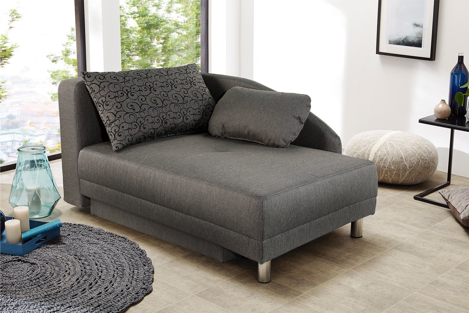 luma-home Recamiere 15123, mit Bettfunktion B149/T90/H80 cm, Federkern, Bettkasten, Liegefläche 200x84 cm, Flachgewebe Grau