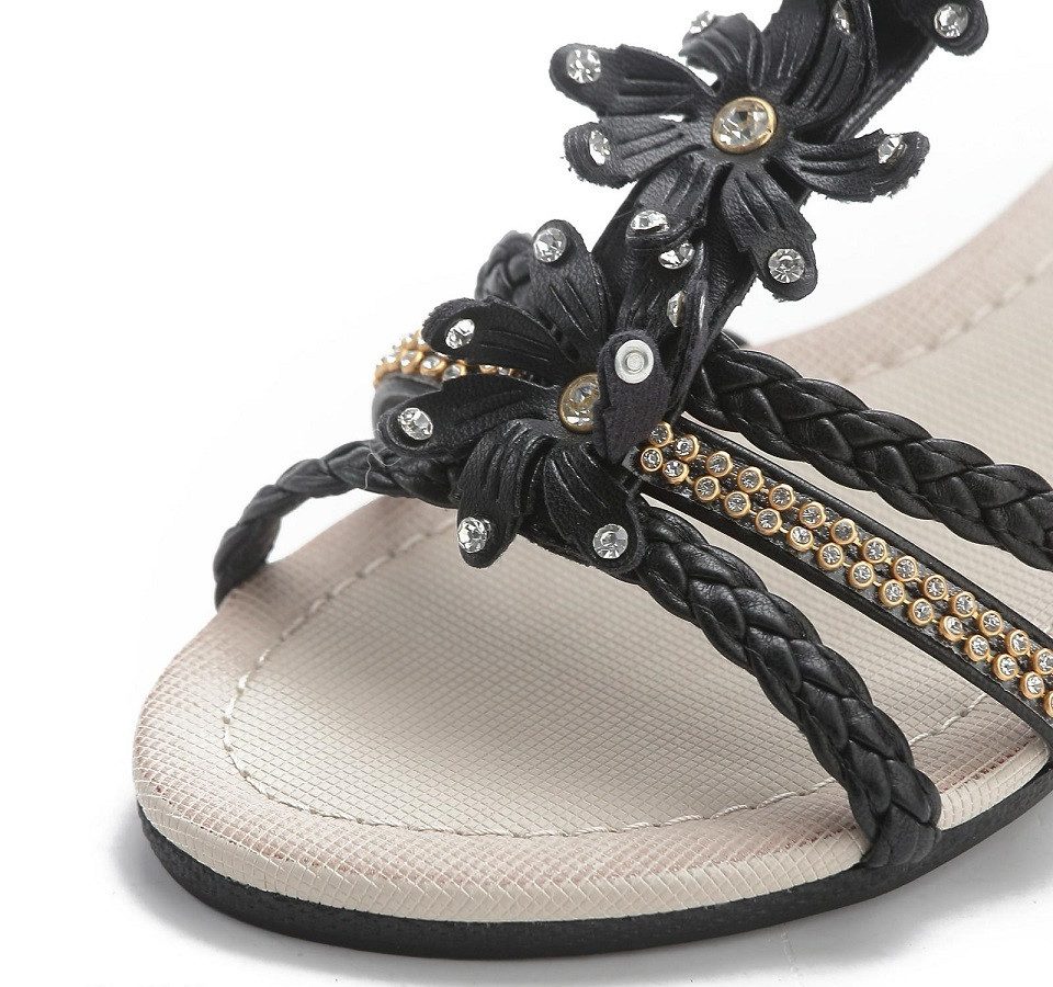 Pogolino ST98 Riemchensandale Damen Sandalen mit Glitzer und Blumen T-Riemen