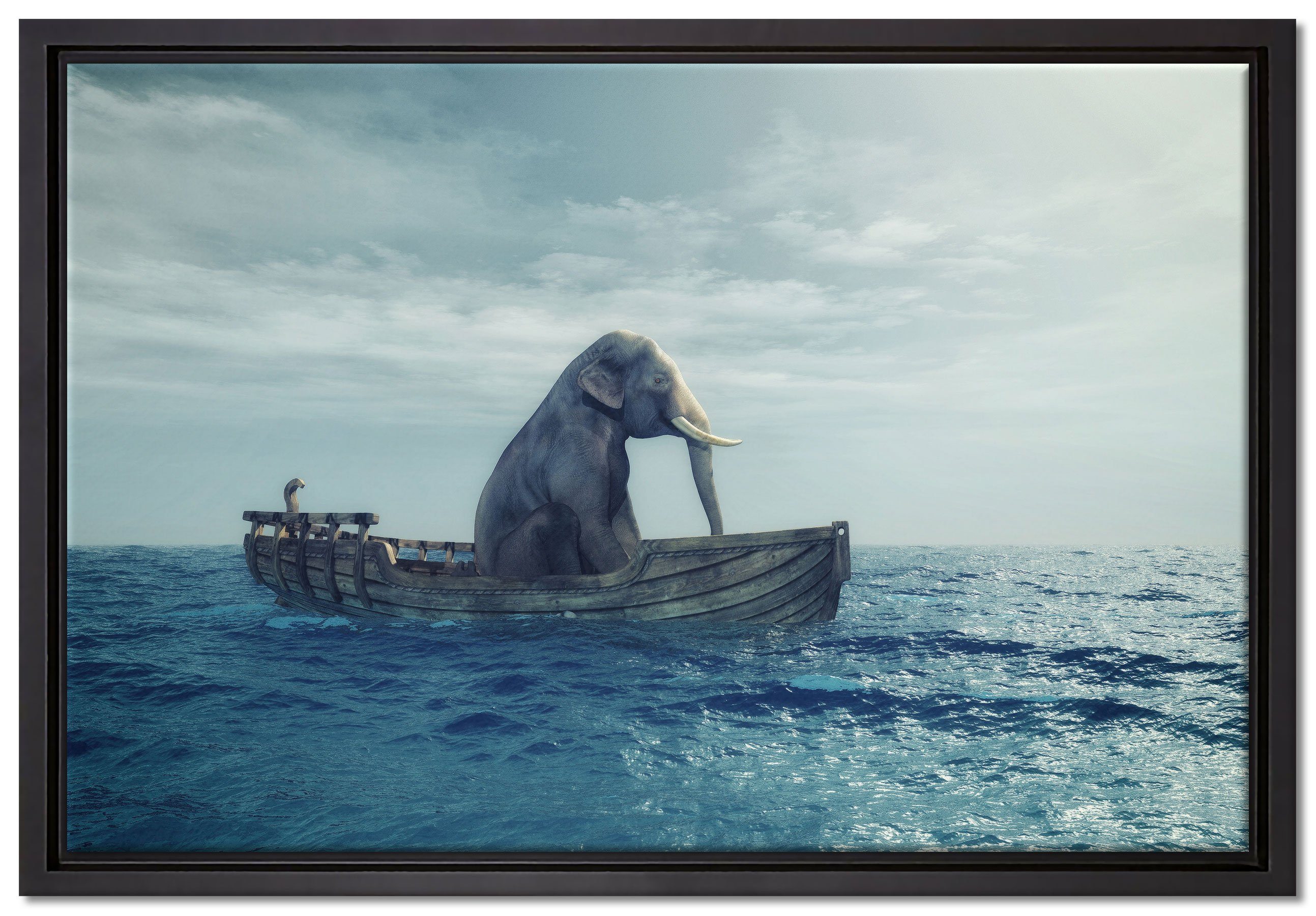 Pixxprint Leinwandbild lustig sitzender Elefant im Boot, Wanddekoration (1 St), Leinwandbild fertig bespannt, in einem Schattenfugen-Bilderrahmen gefasst, inkl. Zackenaufhänger