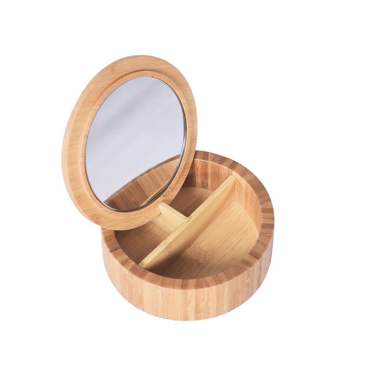 spirella Make-Up Organizer ALAIS, Aufbewahrungsbox für Schmuck, Kosmetik und Schminkutensilien, Bambus, rund, mit Deckel, innenliegender Spiegel, 3 Aufbewahrungsfächer, 13,5 x 5 cm, Farbe natur