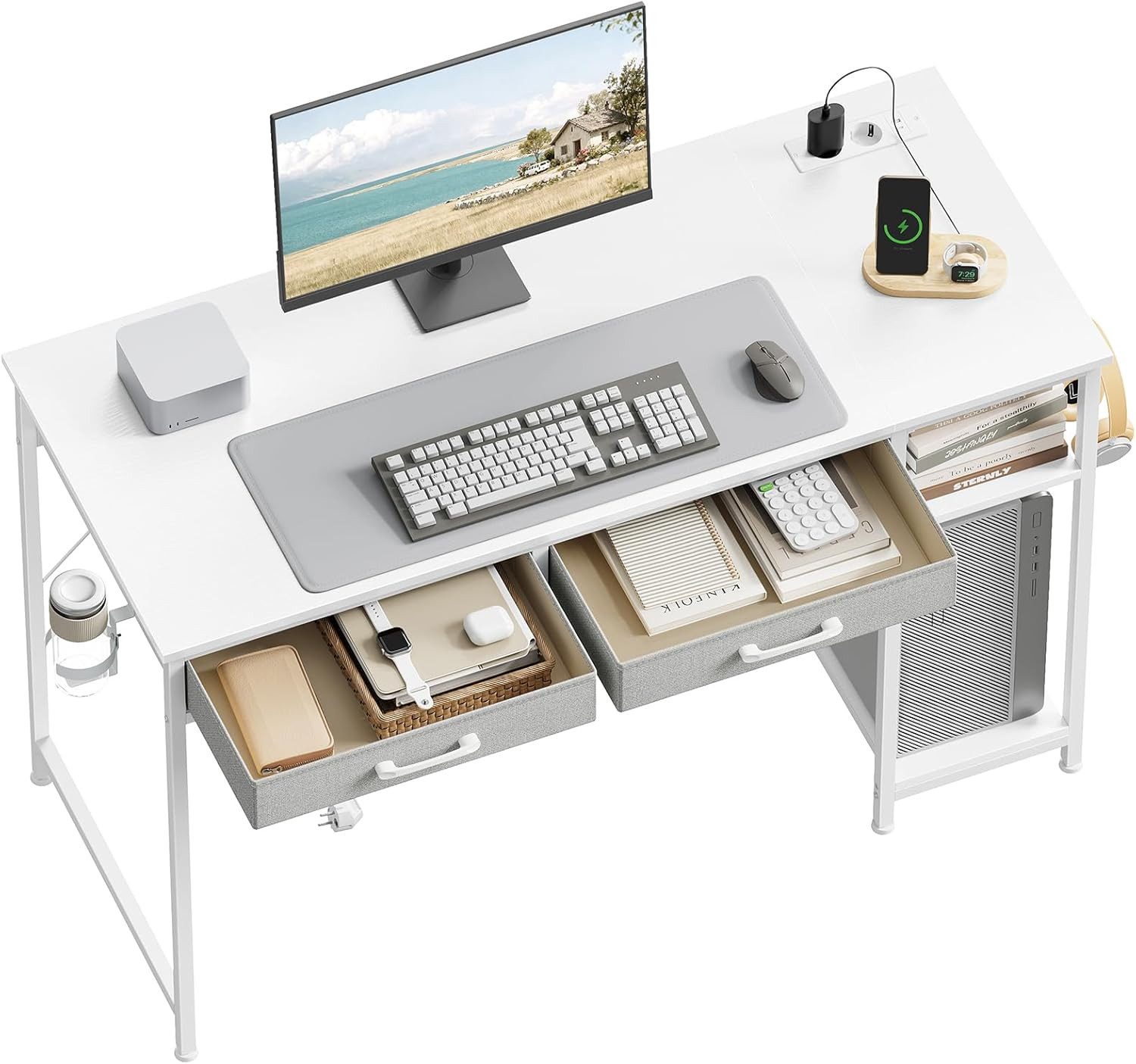 Woltu Schreibtisch, Computertisch mit 2 Schubladen&Steckdosen USB- und Typ-C-Anschluss
