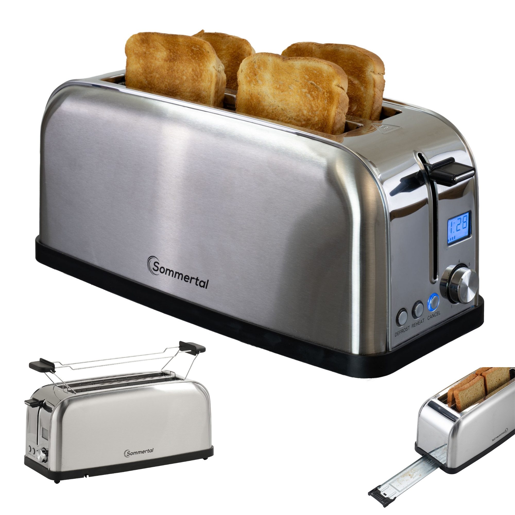 Sommertal Toaster Toaster ST1500 XXL, 4 Scheiben mit Brötchenaufsatz retro, für Für den Einsatz in der Küche geeignet., Display mit Timer und Restlaufanzeige, Langschlitztoaster Restlaufzeit