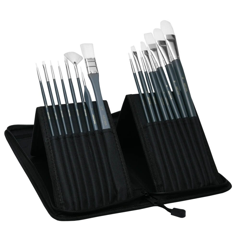 Artina Pinsel Pinselset Malen Amsterdam, 17tlg., Schwarz, 17tlg. Pinsel Set mit Tasche in Schwarz –Pinselhalter für Malpinsel