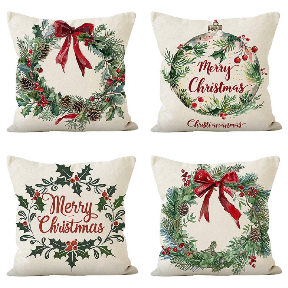 FOUORTUNATE-BEE Kissenbezug 4er-Set Weihnachts-Kissenbezüge mit grünen Blät günstig online kaufen