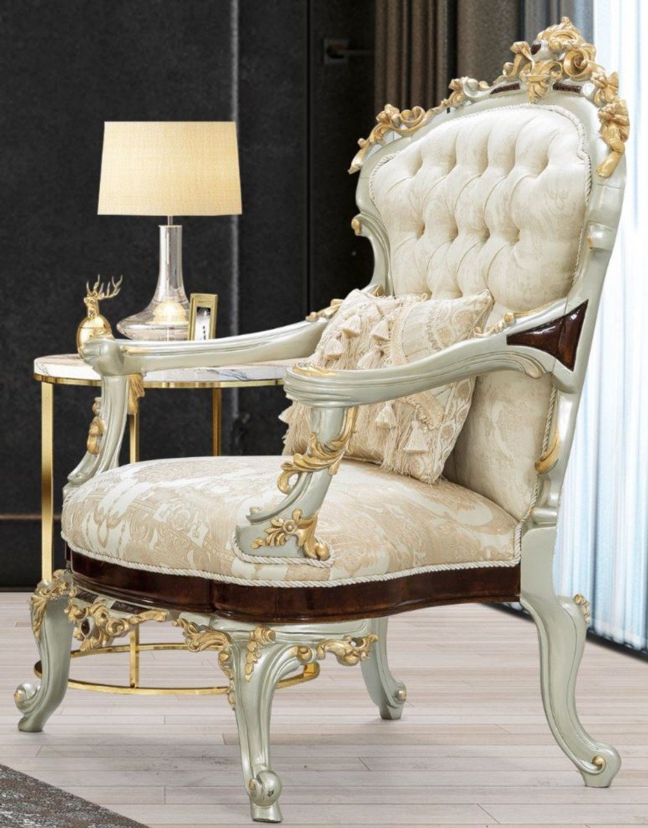 Casa Padrino Sessel Luxus Barock Sessel Creme / Beige / Dunkelbraun /  Silber / Gold 83 x 80 x H. 125 cm - Prunkvoller Barockstil Wohnzimmer Sessel  mit elegantem Muster - Barock Möbel