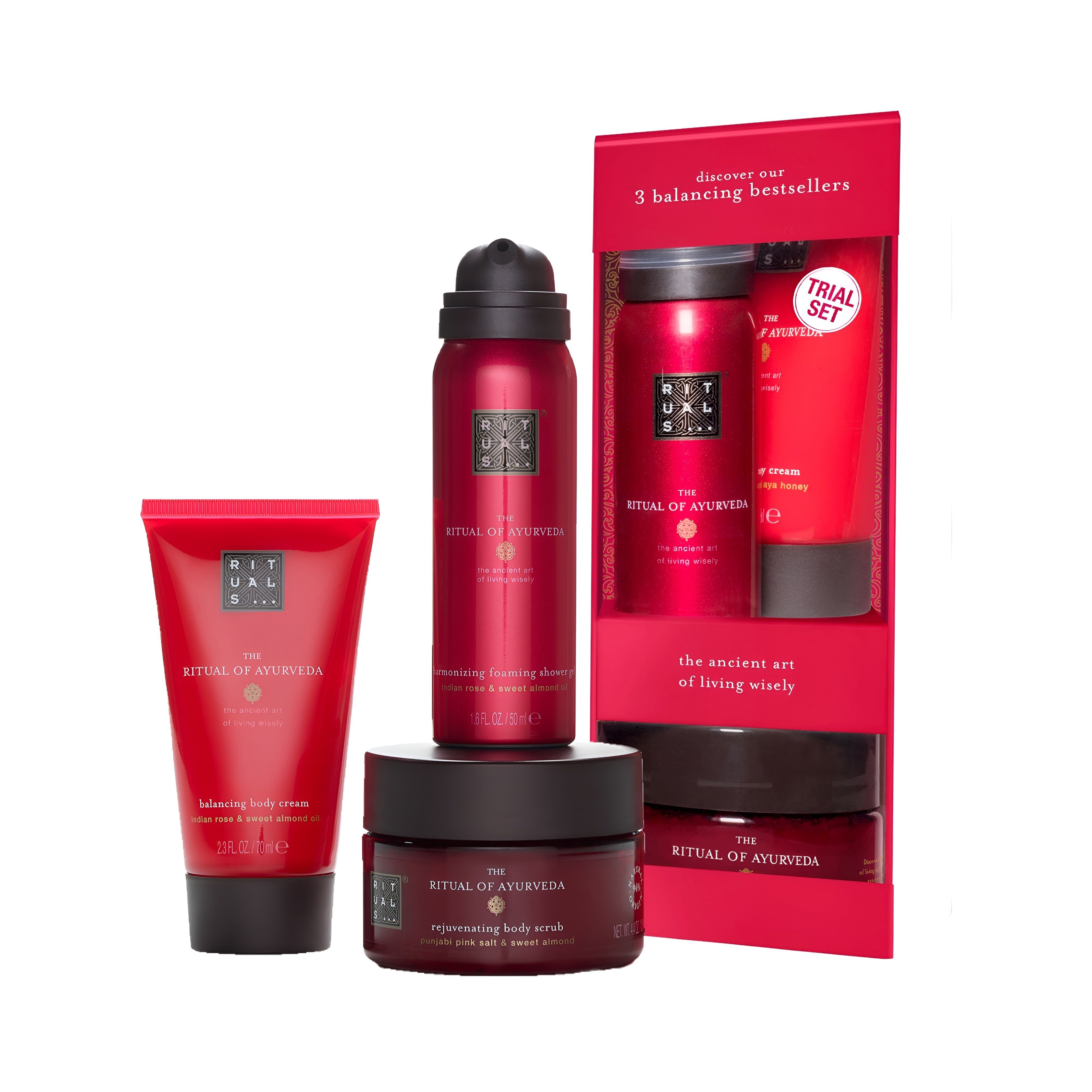 Rituals Pflege-Geschenkset Rituals Wellness-Pflegeset für Frauen The Ritual of AYURVEDA Try Me Geschenkbox Damen & Herren Wellness Körperpflege Beauty Set, 3-tlg., Probierset Beruhigende Produkte mit indischer Rose und Mandelöl.