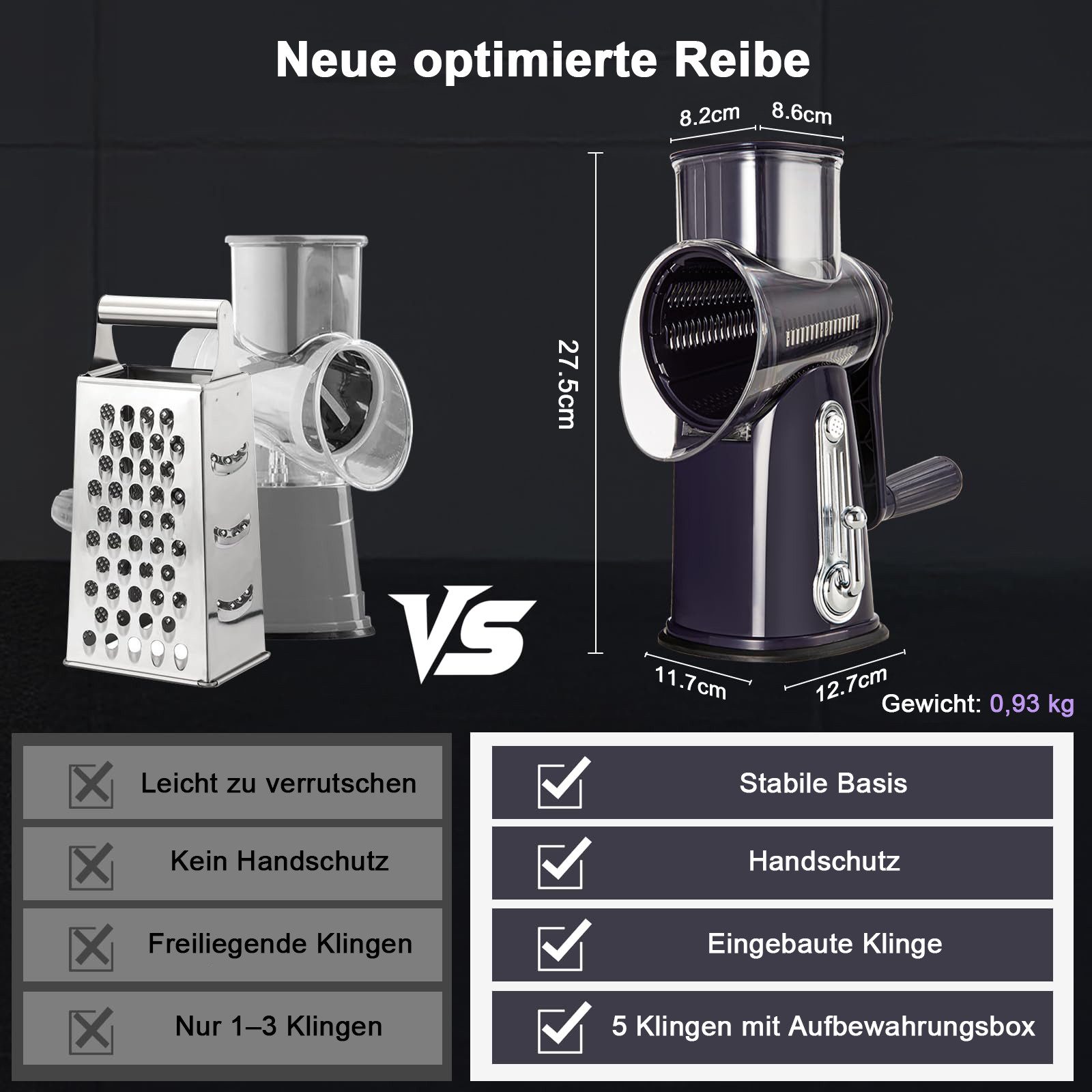 Rhein Beleuchtung Gemüsehobel 5-in-1 Rotationsreibe mit Kurbel & Saugnapf für Gemüse & Käse, 18/10 Edelstahl, Kunststoff, (Set, 1-St., Multifunktionaler Küchenh – Bild 2 von 5