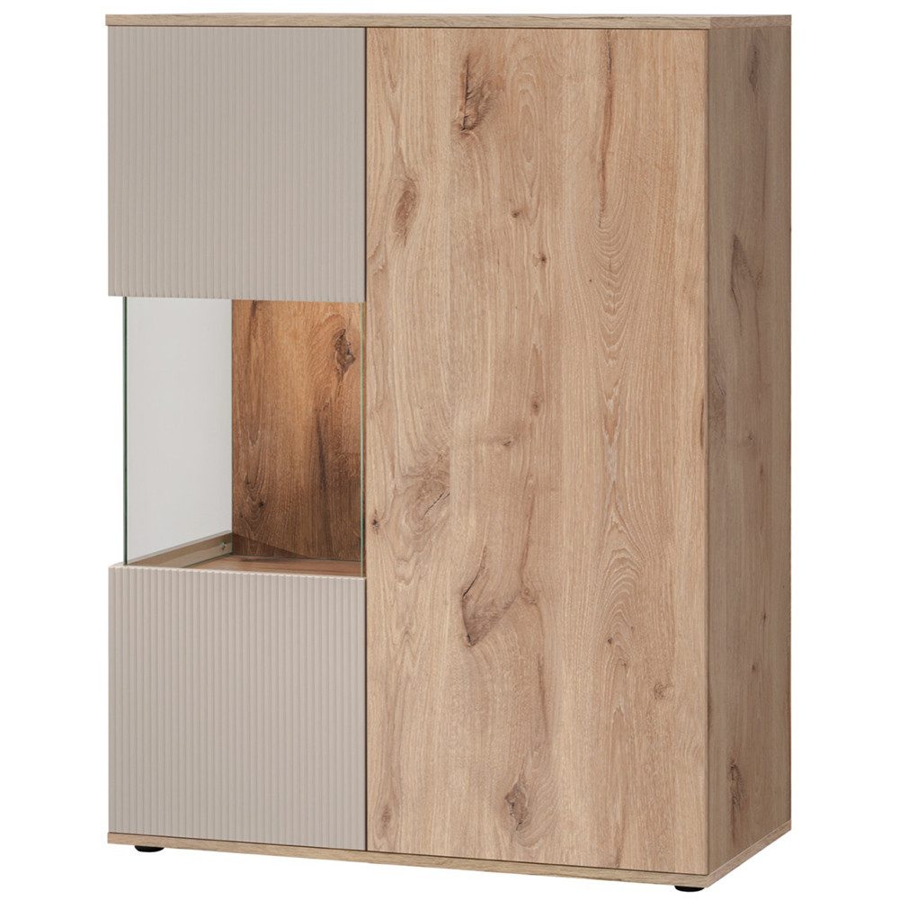 Lomadox Vitrine CARRICA-164 Eiche mit Kaschmir, Rillenfront, Push-to-open, Glaselement