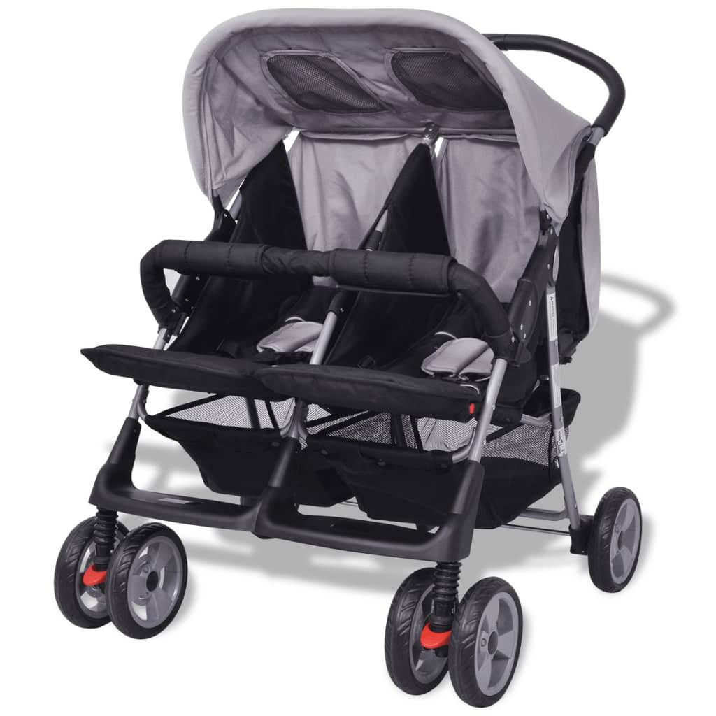 vidaXL Kombi-Kinderwagen Kinderwagen Kinderkarre Baby Zwillingswagen Buggy Stahl Grau und Schwa