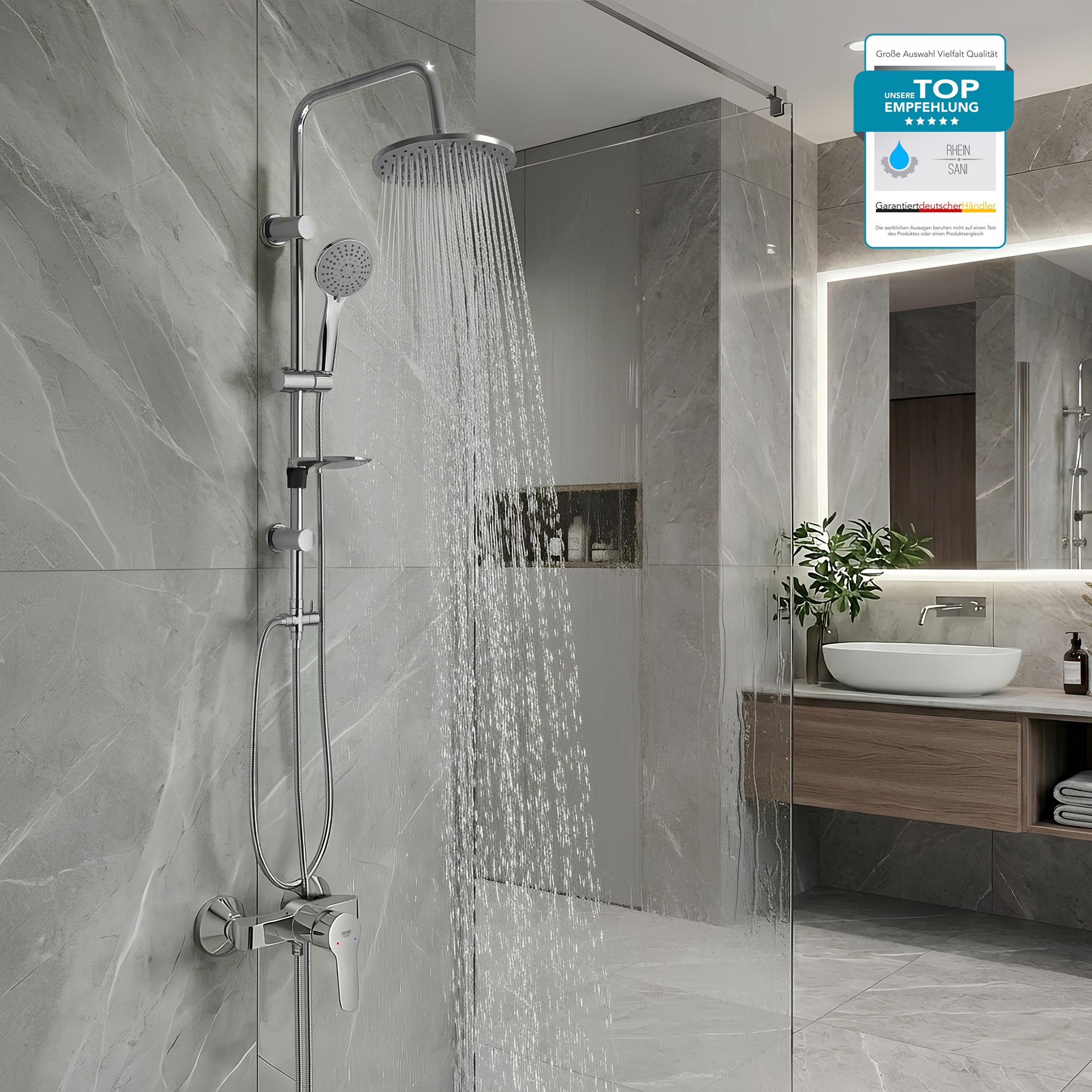 Grohe Duscharmatur BauEdge Duschsystem mit Einhandarmatur, Brause, Duschstange & Schlauch (Spar-Set) Chrom Duschset mit 1,5m Schlauch & Seifenhalter, mit Regendusche