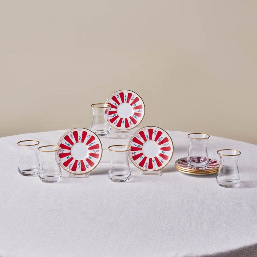 Karaca Teeservice Karaca Bursa Türkische Teegläser mit Untertassen 12-tlg für 6, Rot