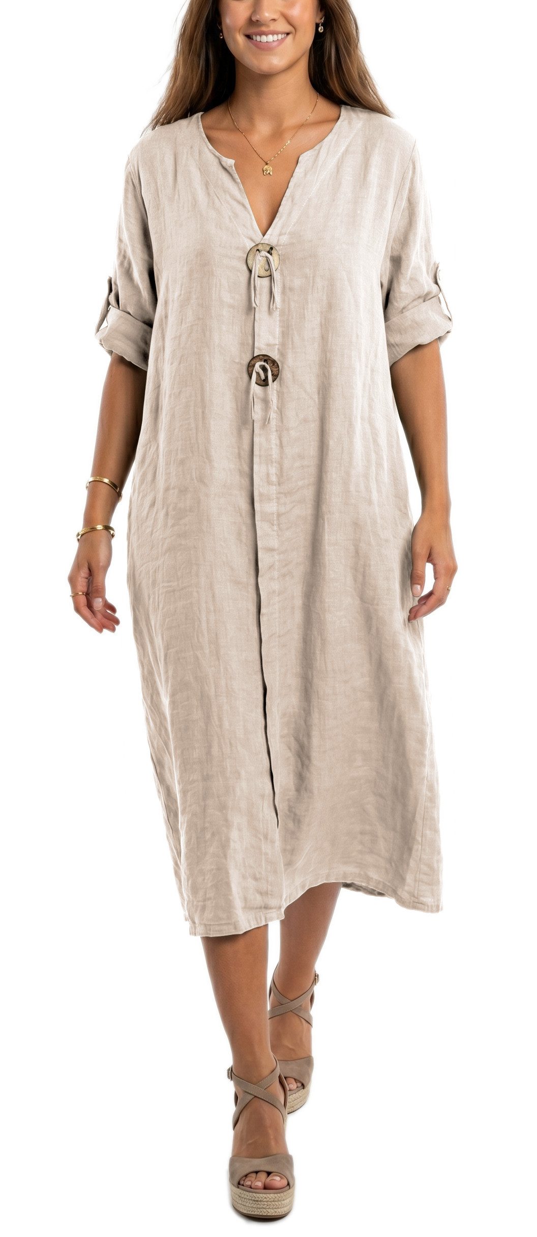 dy_mode Hemdblusenkleid Damen Leinenkleid Midi Hemdblusenkleid mit V-Ausschnitt Freizeitkleid in Unifarbe, V-Ausschnitt, mit seitlichen Eingriffstaschen