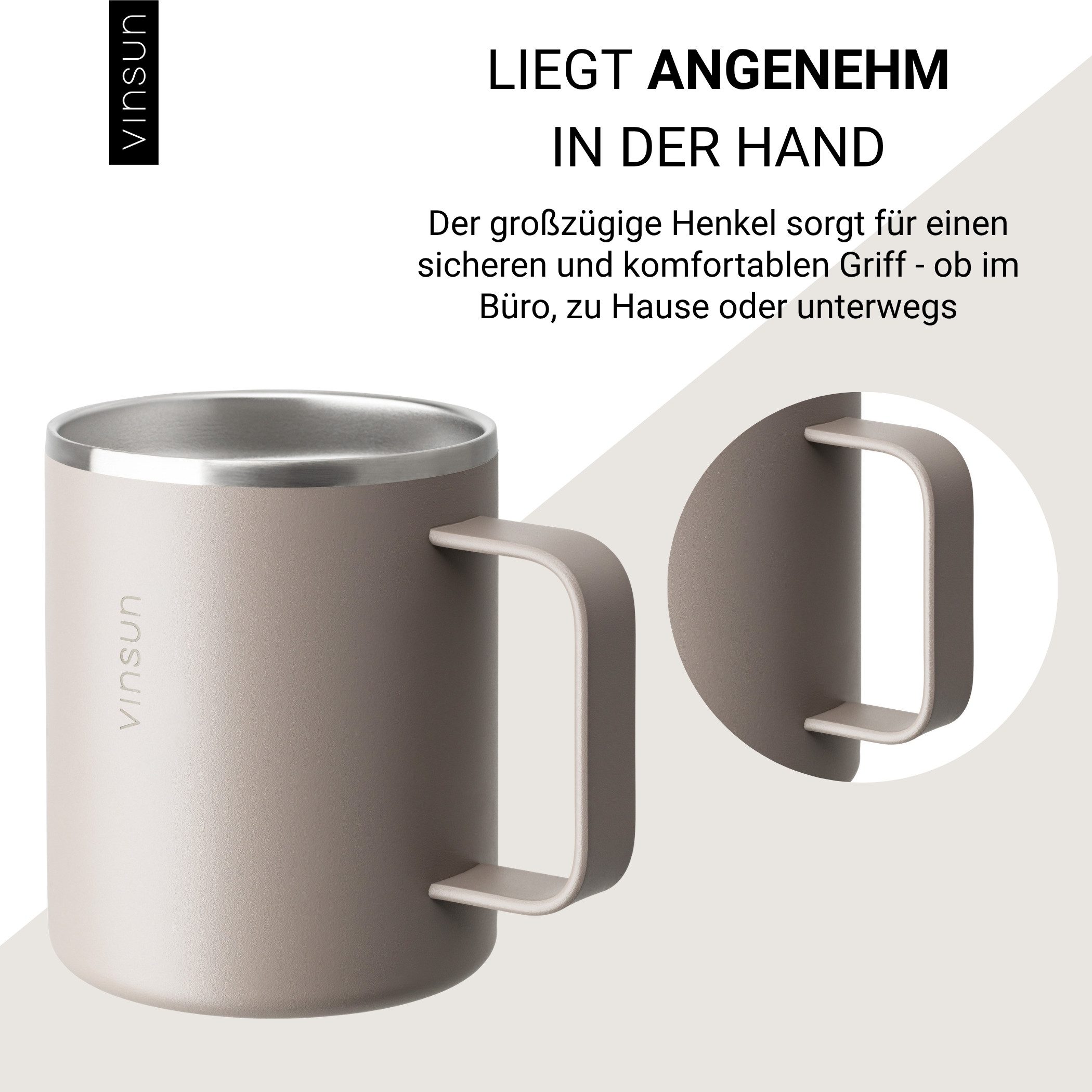 Vinsun Thermobecher Edelstahl Isolierbecher 350ml - Kaffeebecher mit Henkel und Deckel, 2-tlg., Edelstahl, Doppelwandig isoliert, BPA frei, bruchfest, Kalt- und – Bild 4 von 5