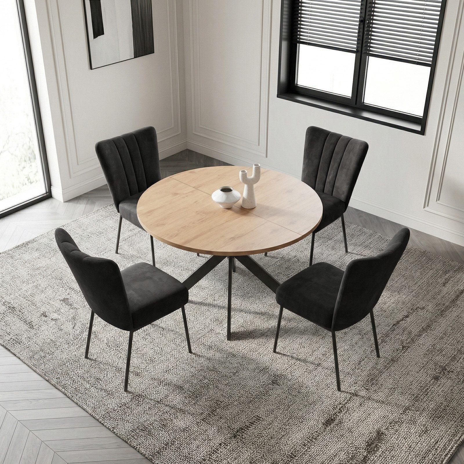 Jiexi Essgruppe Tisch- und Stuhlset, Runder Esstisch (115×75 cm) mit 4 Stühlen – Bild 2 von 5