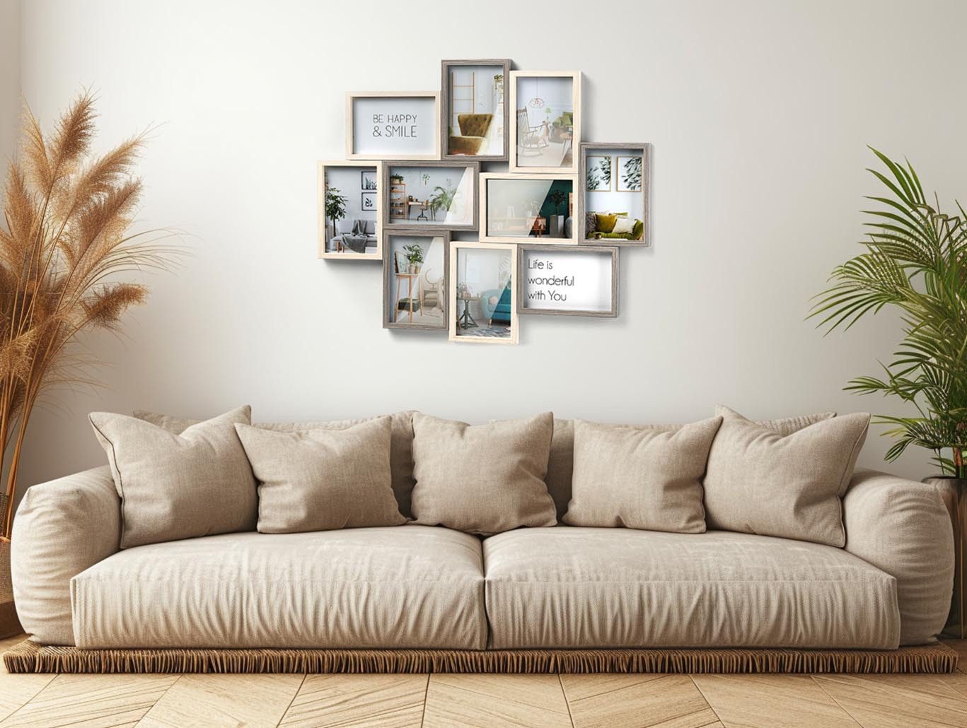 Kobolo Bilderrahmen Collage Wandgalerie Mehrfachrahmen Bilderrahmen Set modern aus Holz GRAY, für 10 Bilder (in Grau- und Beigetönen, 1 St), 10 Bilder 10x15 cm