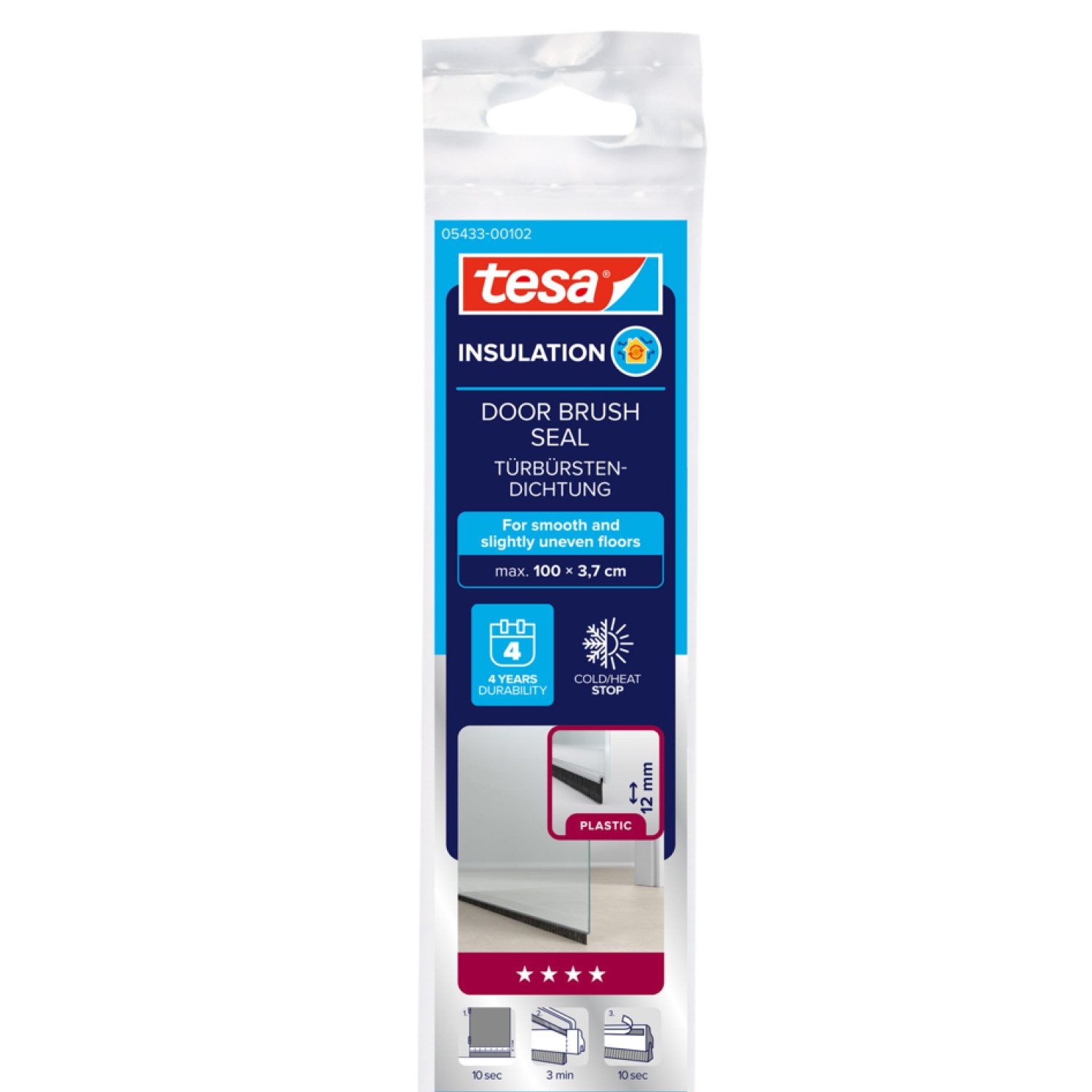 tesa Türbodendichtung INSULATION Türdichtschiene für glatte Böden, (Packung, 1-St., Türdichtschiene transparent - mit Bürstendichtung bis 12 mm), selbstklebende Türdichtung zum Schutz vor Zugluft