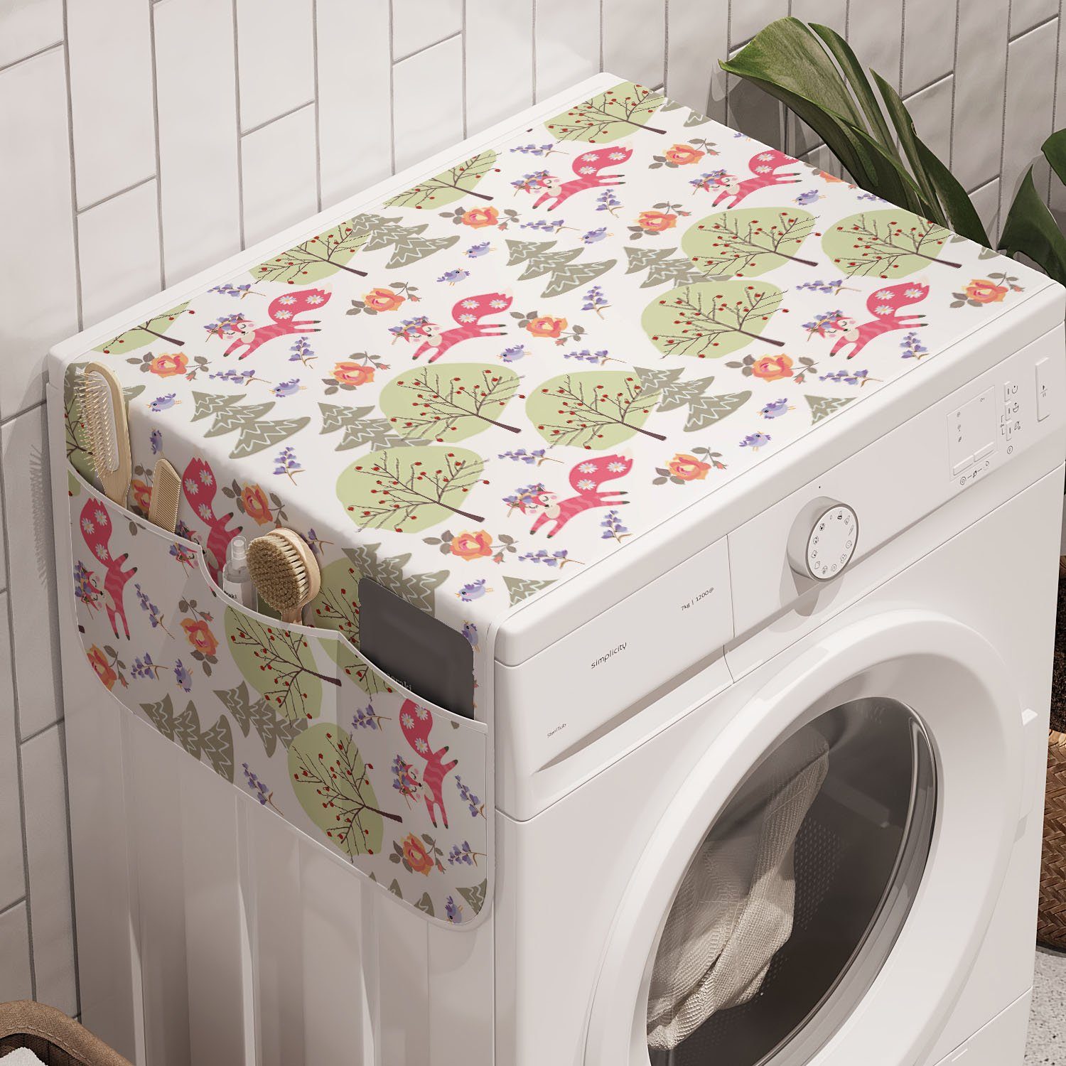 Abakuhaus Badorganizer Anti-Rutsch-Stoffabdeckung für Waschmaschine und Trockner, Pastell Weiche Füchse Bäume und Rosen