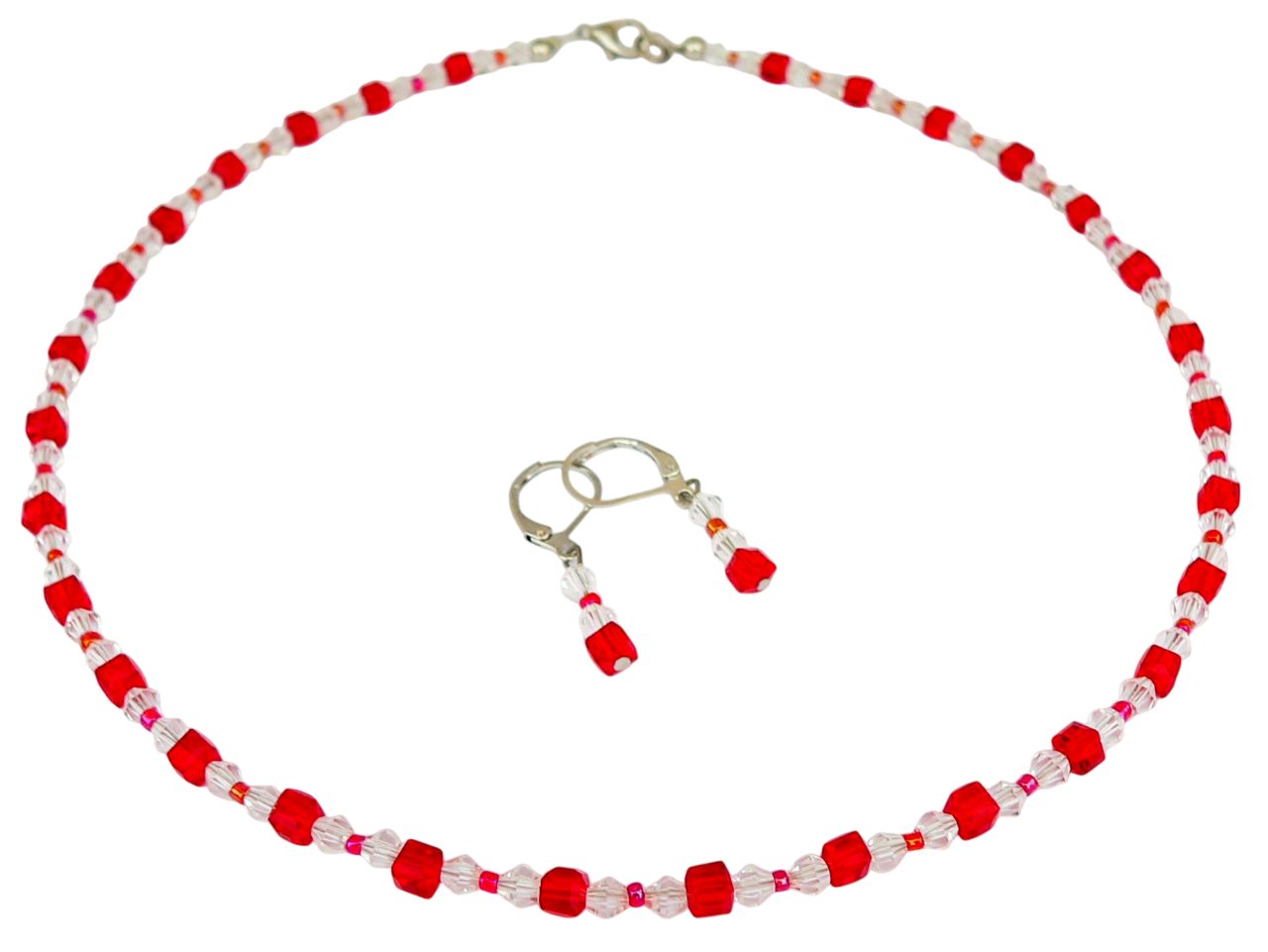 Schmuckset 137b 2er Set Halskette Ohrringe Würfel Rot Rhomben klar