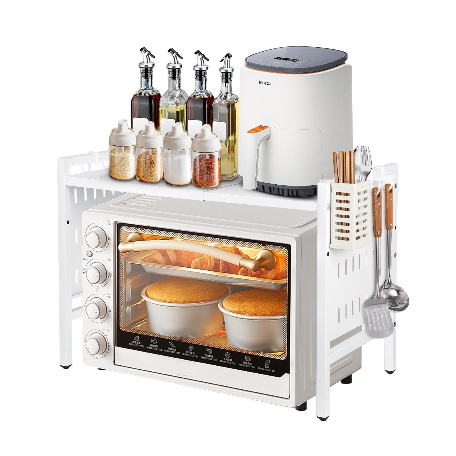 Regal Erweiterbares Mikrowellen Regal 38-67cm mit 6 Haken, Essstäbcheneimer