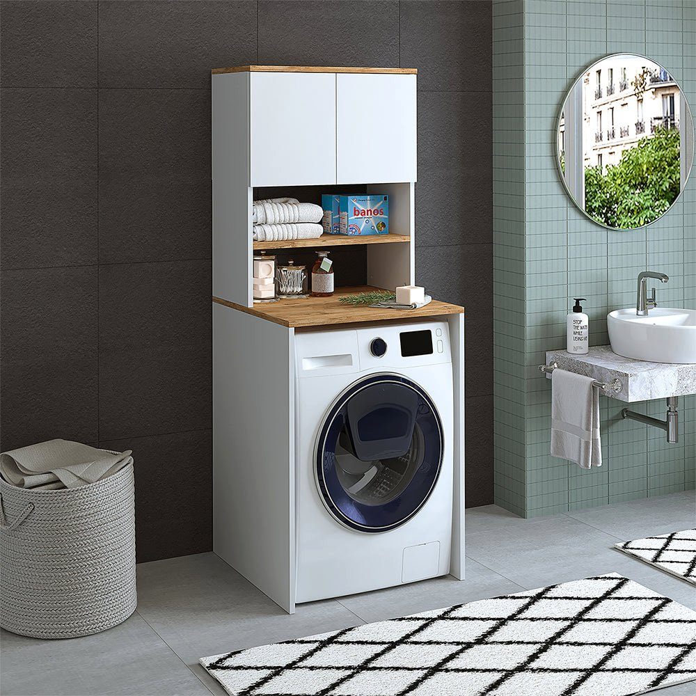 Roomart Waschmaschinenumbauschrank (Badezimmer Waschmaschinenschrank, Weiß Waschmaschinenüberbau, Eiche | Waschturm) Weiß-Eiche