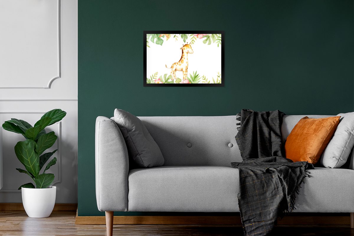 MuchoWow Poster Giraffe - Blumen Wanddeko, Wandposter, Dschungel Aquarell, St), Bilderrahmen (1 Gerahmtes - Bilder, Schwarzem - Poster
