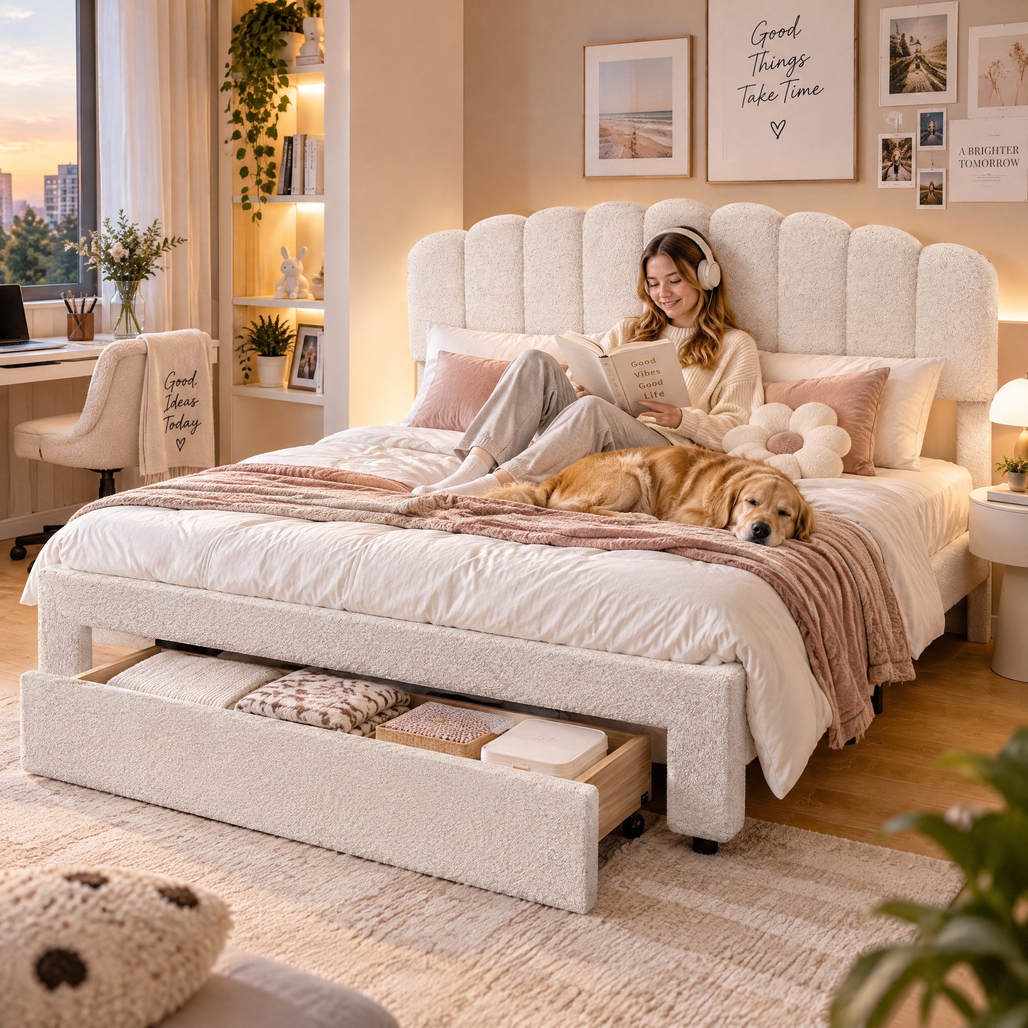 Simurq Polsterbett bett 140x200 cm mit Schublade,USB & Type-C,höhenverstellbares Kopfteil (2 Pakete,belastbar bis 250 kg, Stauraumbett …