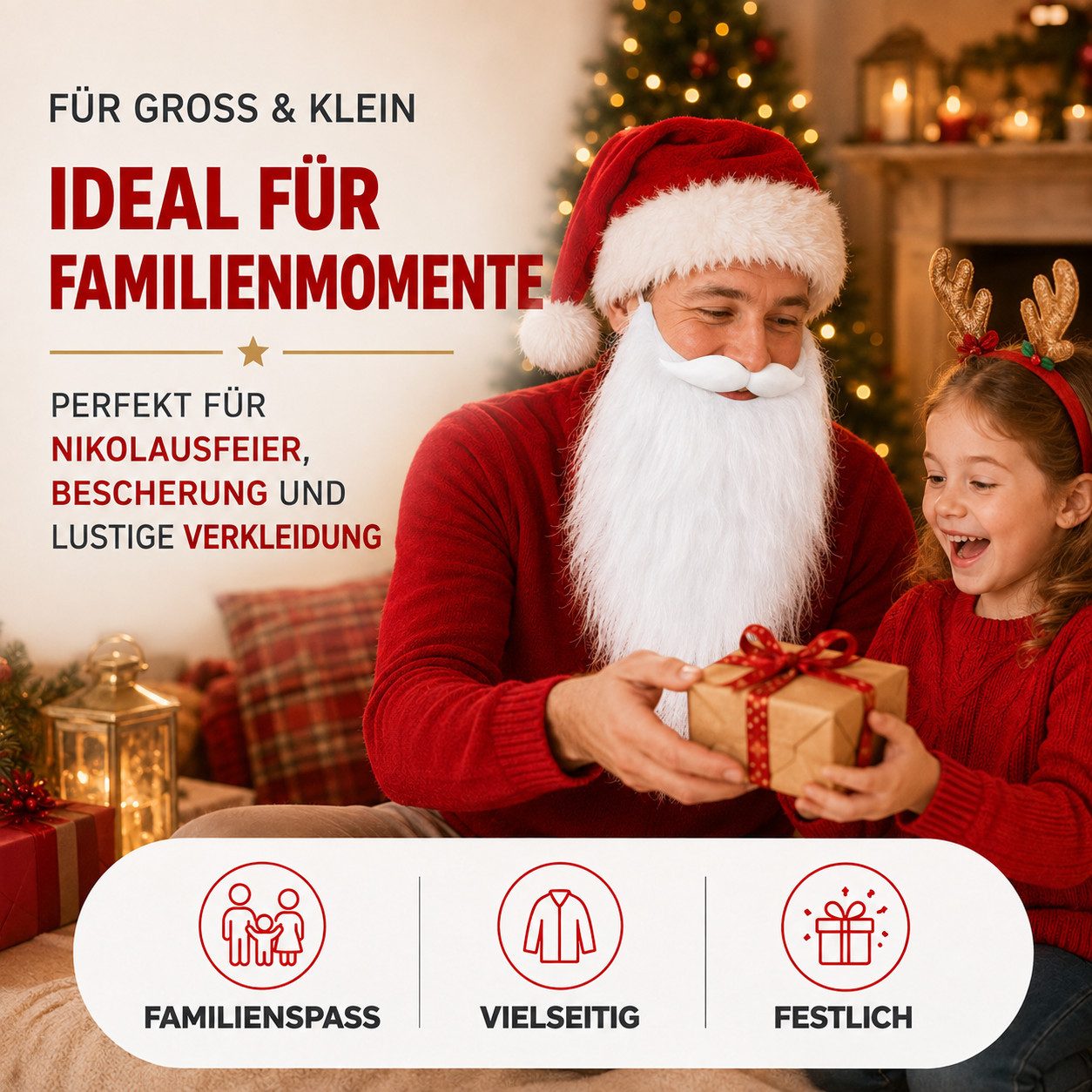 Kostümheld® Kostüm 6x Weihnachtsmannbart Nikolausbart Bart weiß - Nikolaus Santa Kostüm, mit Zugband