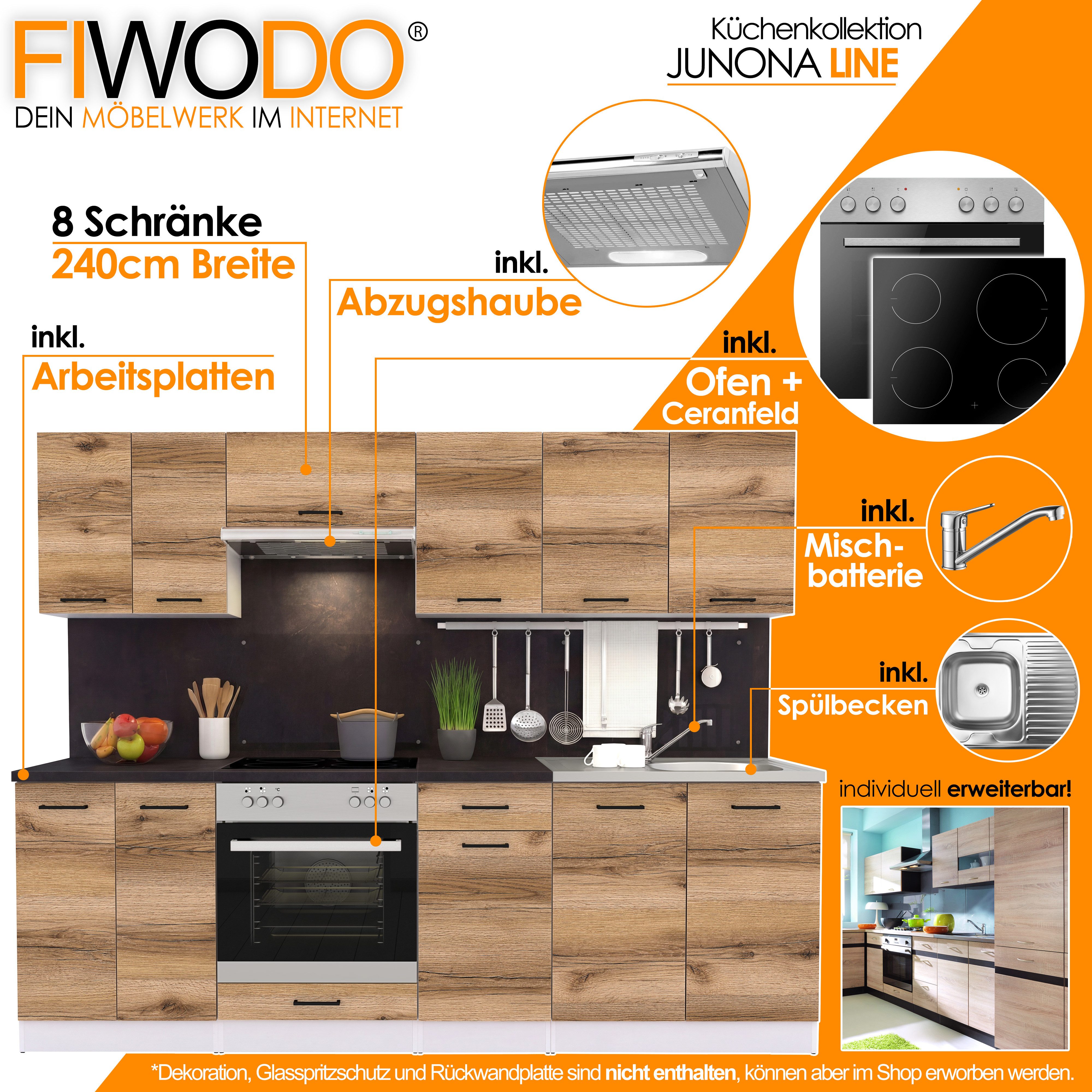 FIWODO.de - Dein Möbelwerk im Internet Küche Küchenzeile 240cm mit Elektrogeräten, Spülbecken und Arbeitsplatte, (Set), mit E-Geräten, Breite 240cm, mit Spülbecken, mit Arbeitsplatte