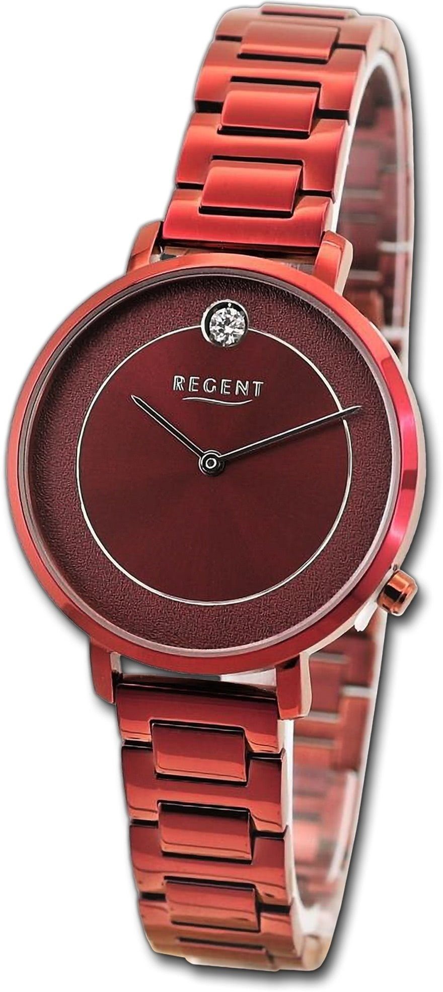 Regent Quarzuhr Regent Damen Armbanduhr Analog, Damenuhr Metallarmband rot, rundes Gehäuse, extra groß (ca. 35mm)