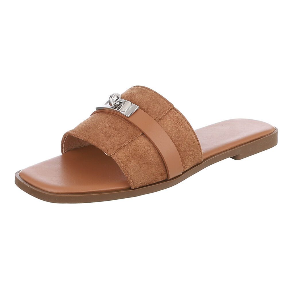 Ital-Design Damen Pantolette mit Metall-Detail und flachem Fußbett Pantolette (91742320) Blockabsatz Pantoletten in Camel