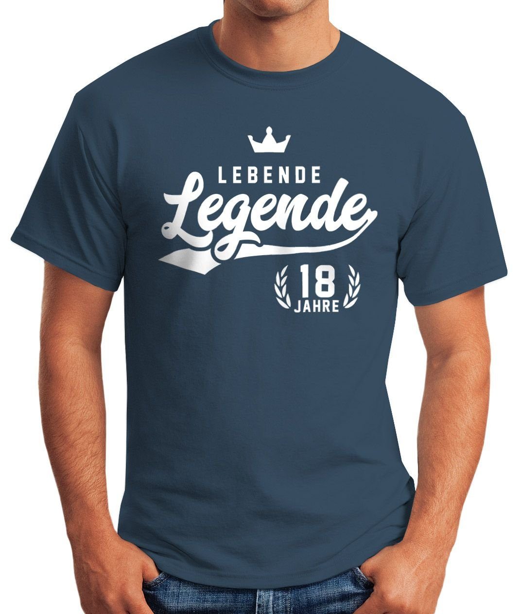 18 Legende blau T-Shirt MoonWorks Print Moonworks® Herren Athletic Lebende [object mit Object]. Krone Geburtstag Fun-Shirt Print-Shirt