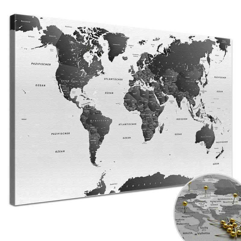 LANA KK Leinwandbild Weltkarte Pinnwand zum markieren von Reisezielen, deutsche Beschriftung