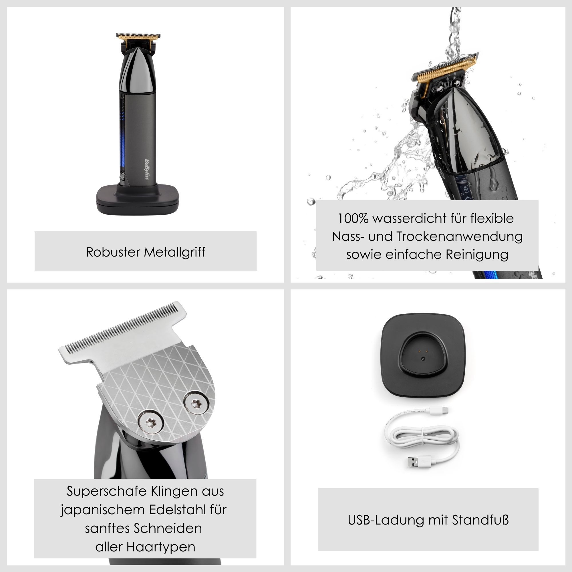 BaByliss Bartschneider BaByliss Super-X Metal Barttrimmer, Bartschneider, wasserdicht, T996E, Japanischer Stahl, 2 Kammaufsätze mit 6 Positionen 1–6mm, kabellos