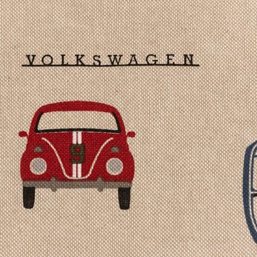 SCHÖNER LEBEN. Stoff Dekostoff Leinenlook VW Beetle Racing Volkswagen Käfer natur 1,40m br, atmungsaktiv