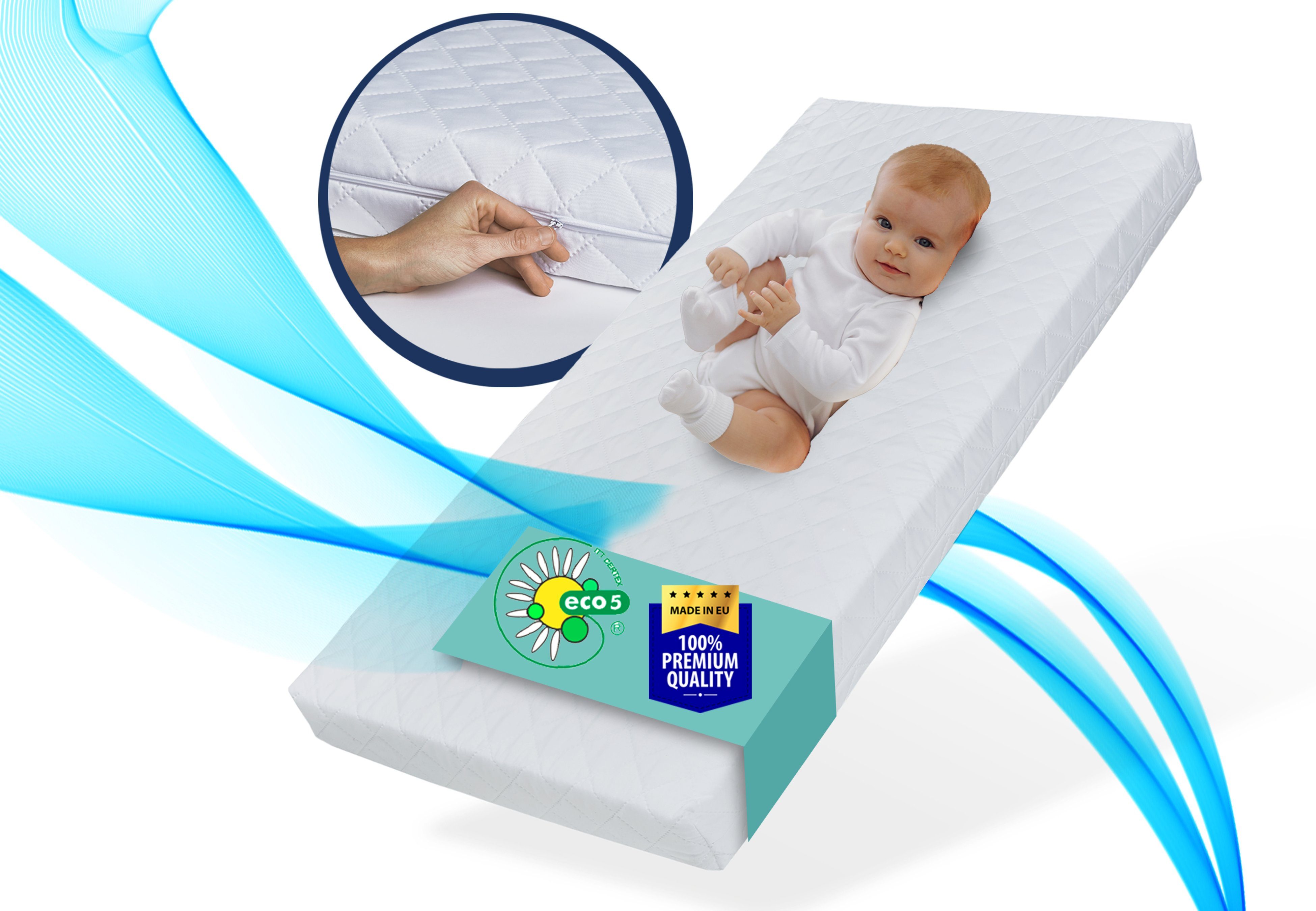 Kindermatratze SMART, Babymatratze mit abnehmbarem Bezug, waschbar bei 60°C, Kids Collective, 6 cm hoch, für Babybett oder Gitterbett, 140x70 cm, 6cm hoch, eco5 zertifiziert