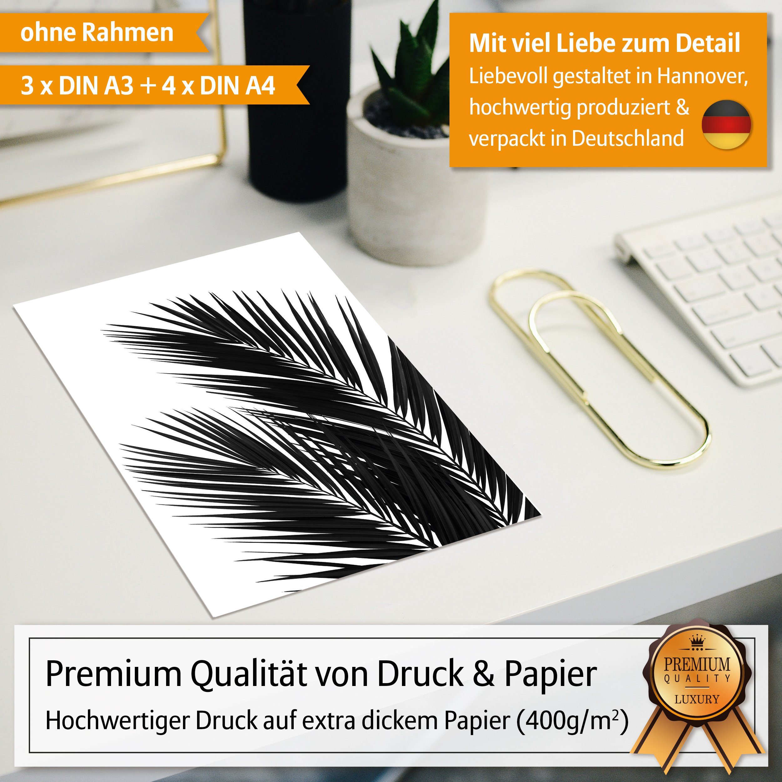Hyggelig Home Poster Palmenblatt schwarz-weiß, Premium Poster Set OHNE & MIT Rahmen, Bilder, Pflanze (Set, 7 St), Collage be happy, Qualitätsdruck auf dickem Pa – Bild 3 von 5