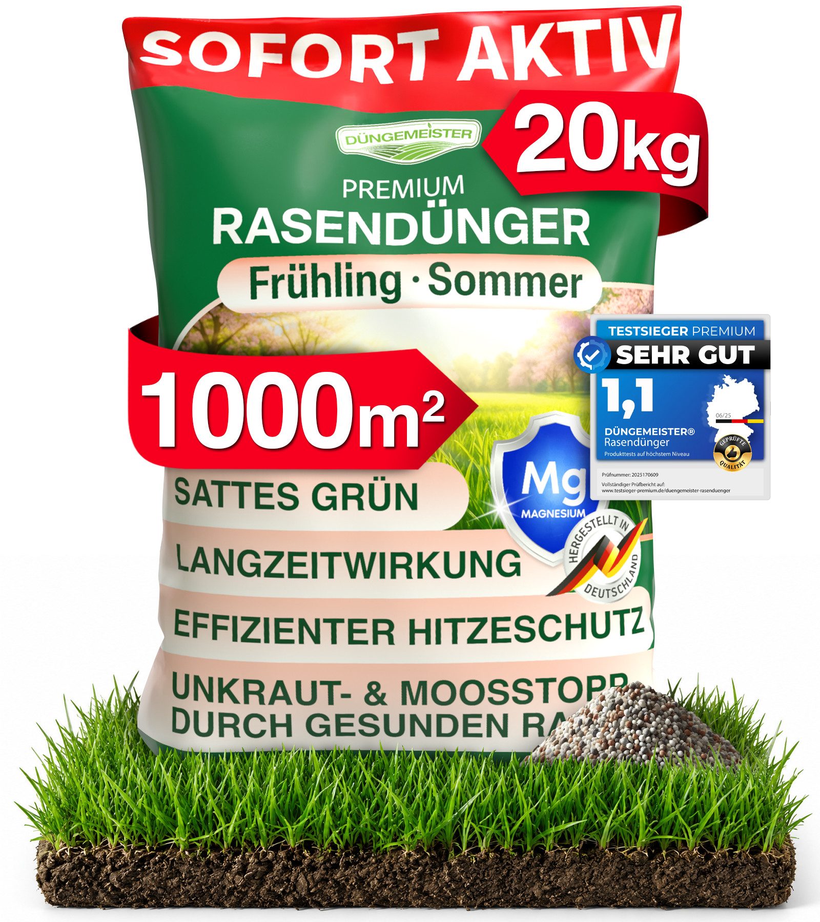 DÜNGEMEISTER Rasendünger Frühjahr/Sommer für sofort saftiges Grün, mit revolutionärer KI Formel - Langzeit NPK/Organisch
