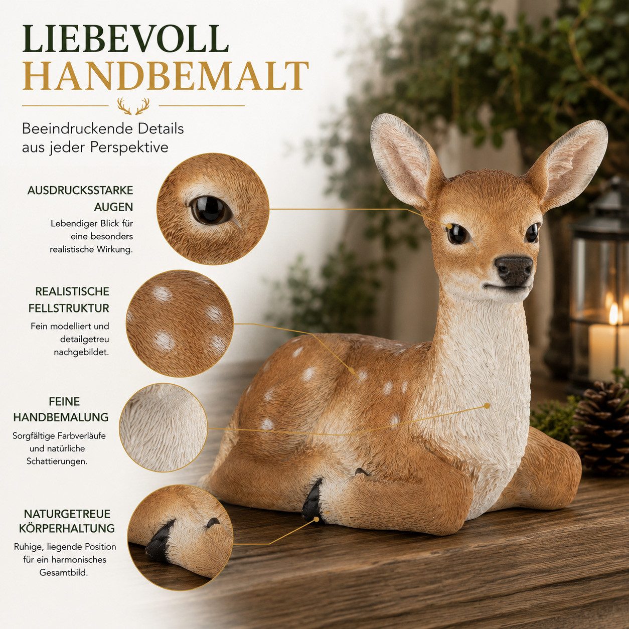 formano Dekofigur Reh liegend aus Kunststein handbemalt 37 cm naturgetreue Felloptik