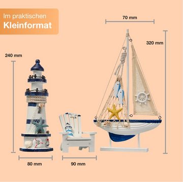 Flanacom Badaccessoires-Sets Maritime Badezimmer Deko - Holz Decor Accessoires, 3er Set, Leuchtturm, Segel-Schiff und Strand-Stuhl