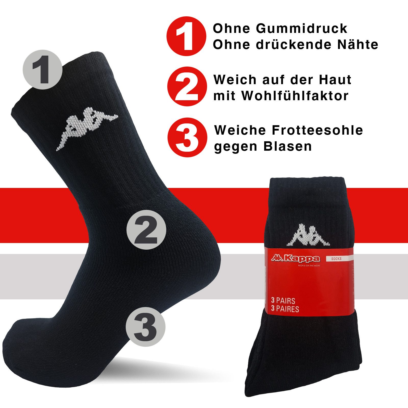 Kappa Tennissocken 6-24 Paar Sportsocken Schwarz Weiß Arbeitssocken Herren Damen (Tennis Sport Arbeit Socken, 6-Paar)