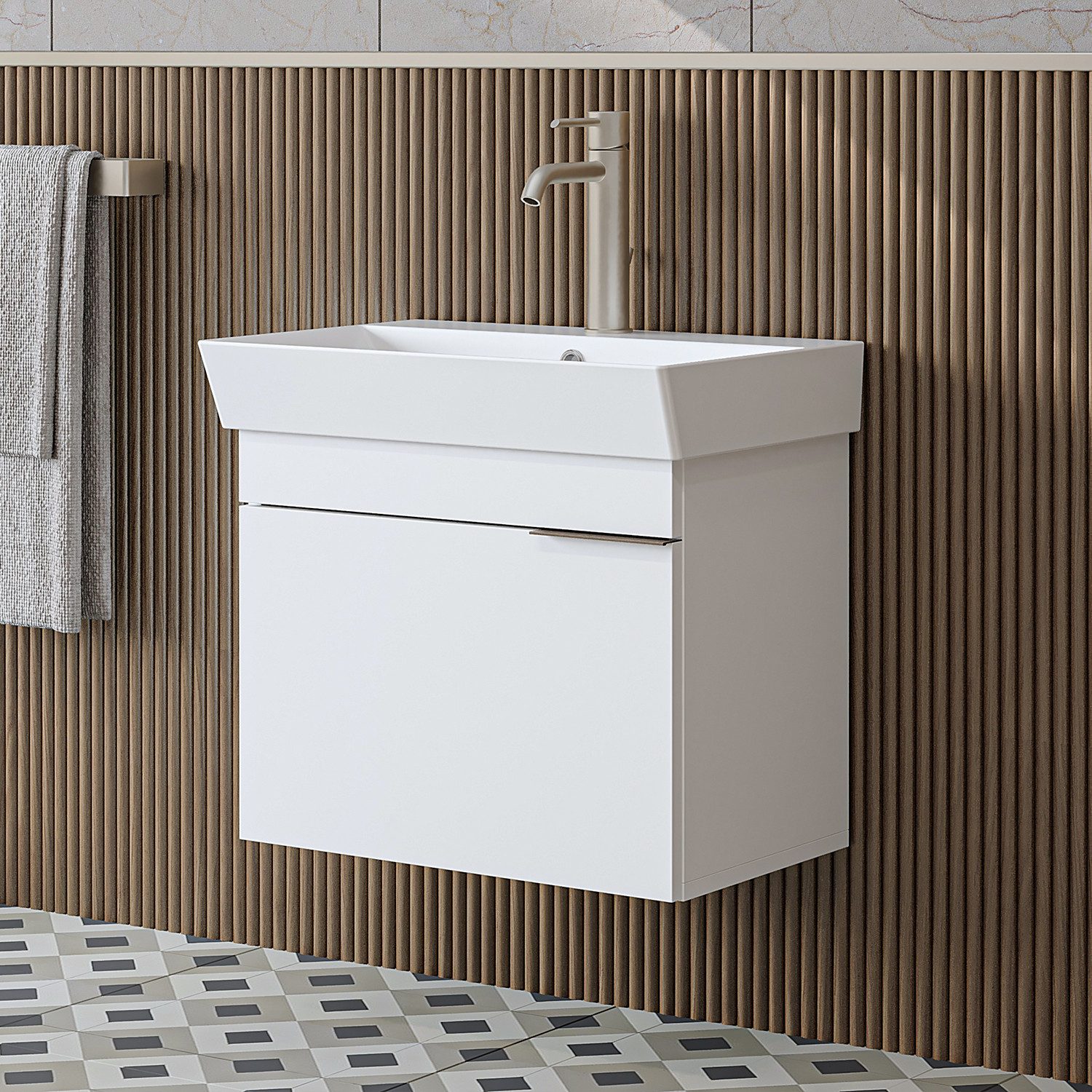 Roomart Waschbeckenunterschrank LYCIA 60 cm hängend, Keramikbecken inkl., Soft-Close, 4 Farben (Set) Soft-Close-Tür, nur 32 cm tief, Wandmontage, Waschbecken, 4 Farben