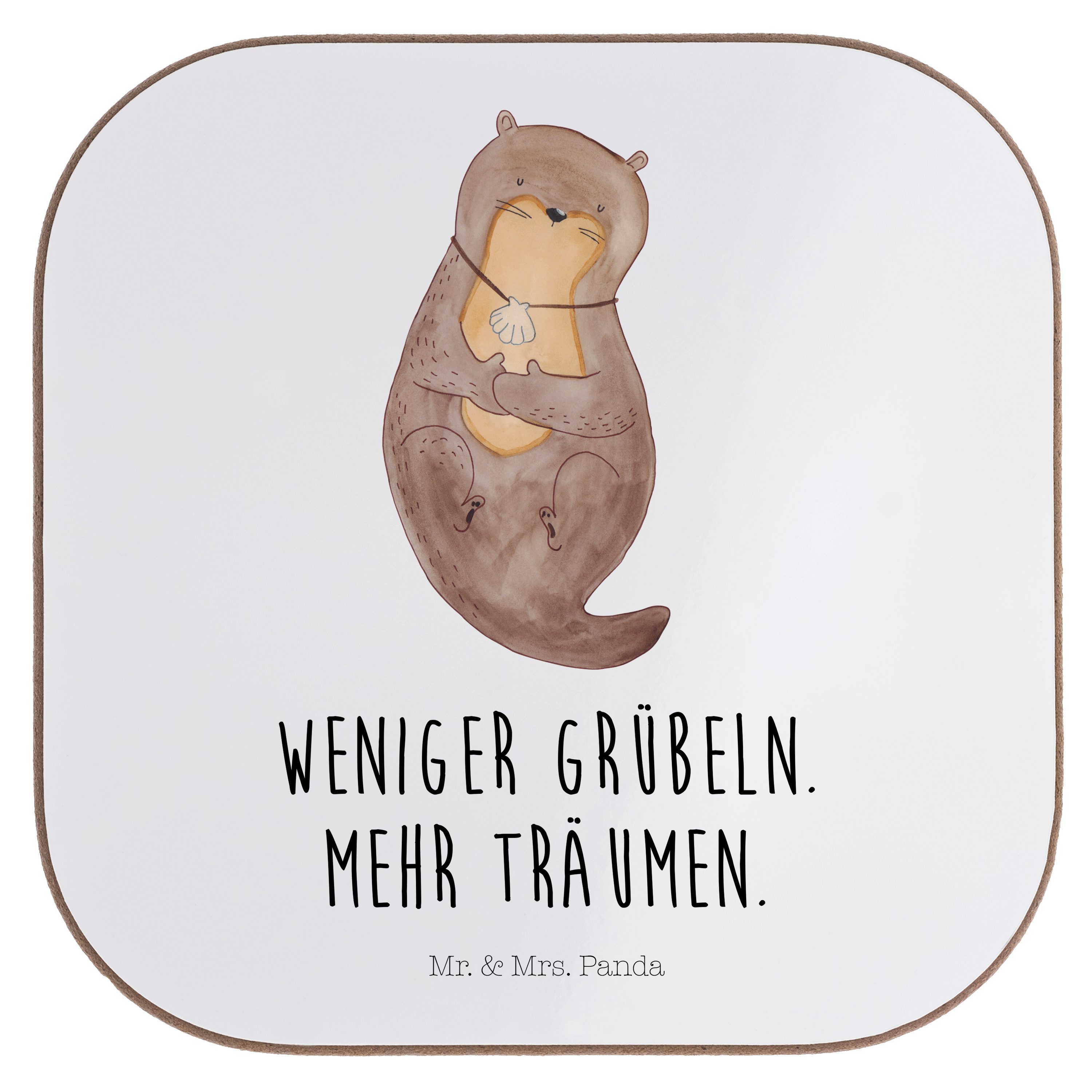 Mr. & Mrs. Panda Getränkeuntersetzer Otter mit Muschelmedaillon - Weiß - Geschenk, Büro, Fischotter, Otter, 1-tlg.