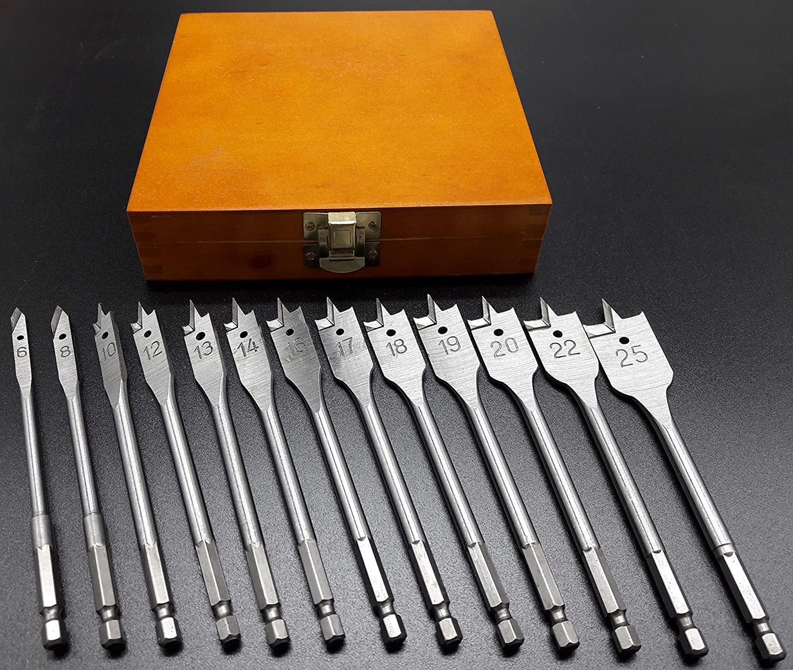 ECI Tools Universalbohrer Flachfräsbohrer Set 13 tlg. 6 - 25 mm im Holzkasten
