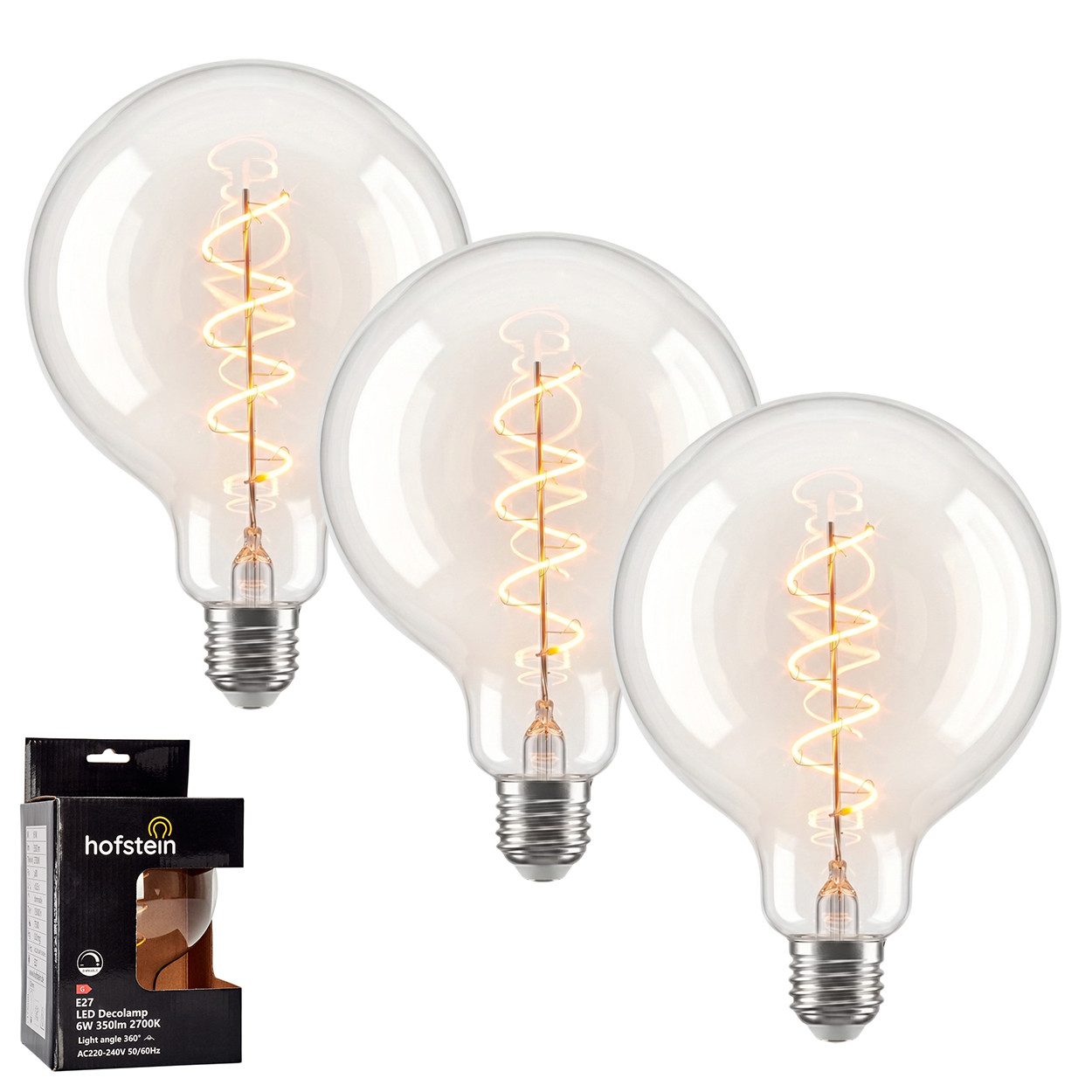 hofstein LED-Leuchtmittel 3er Set Glühbirne Warmweiß dimmbar 6 Watt, E27, 2700 Kelvin, 350 Lumen, Globe Vintage, Filament Spirale, Klar
