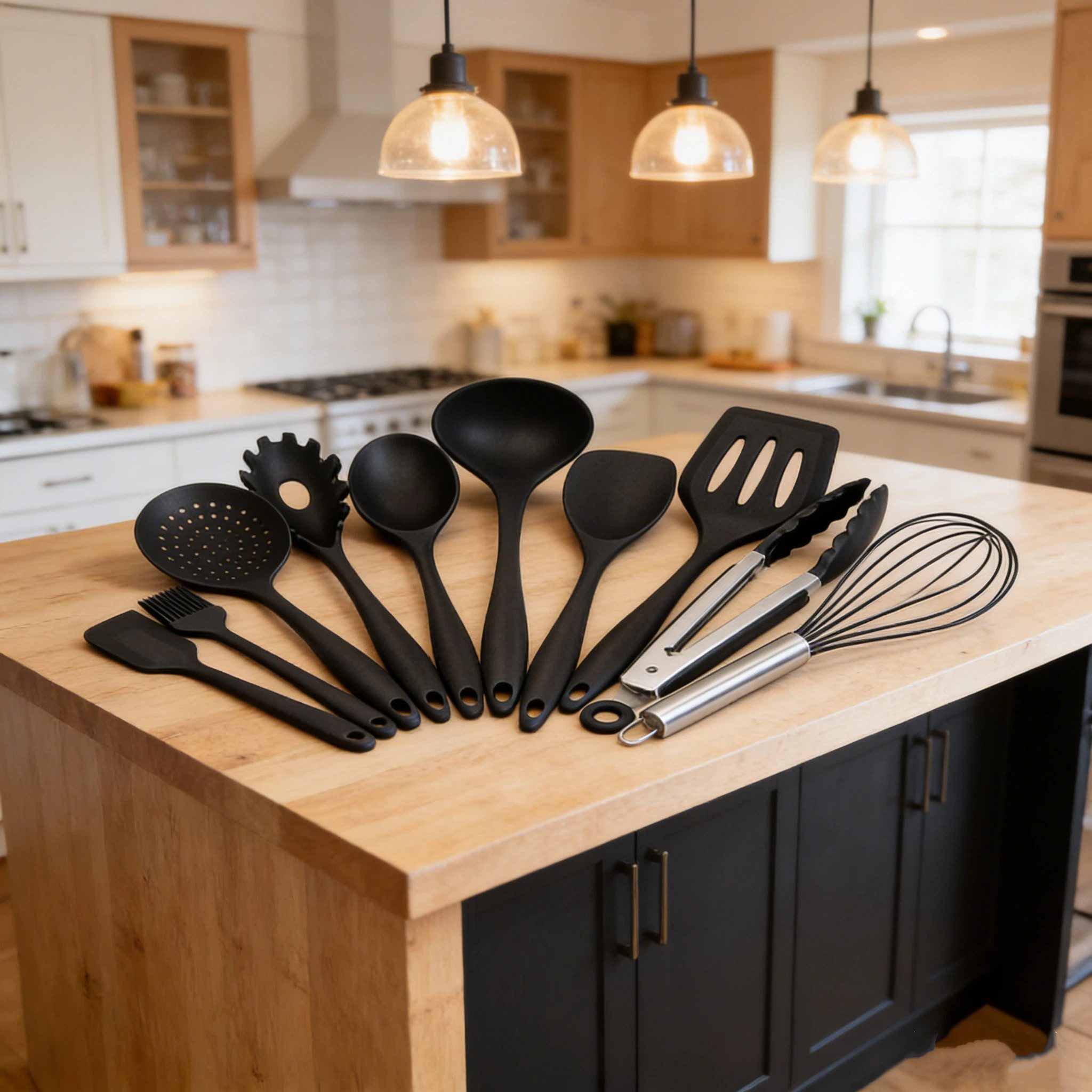 OKWISH Kochbesteck-Set 10er Küchenutensilien Set Silikon hitzebeständig und BPA-frei (Hitzebeständiger Küchenhelfer Set zum Kochen Spülmaschinenfest, 10-tlg., Kochbesteck mit Zange Pfannenwender Schneebesen Pinsel), Spülmaschinengeeignet Kochzubehör für k